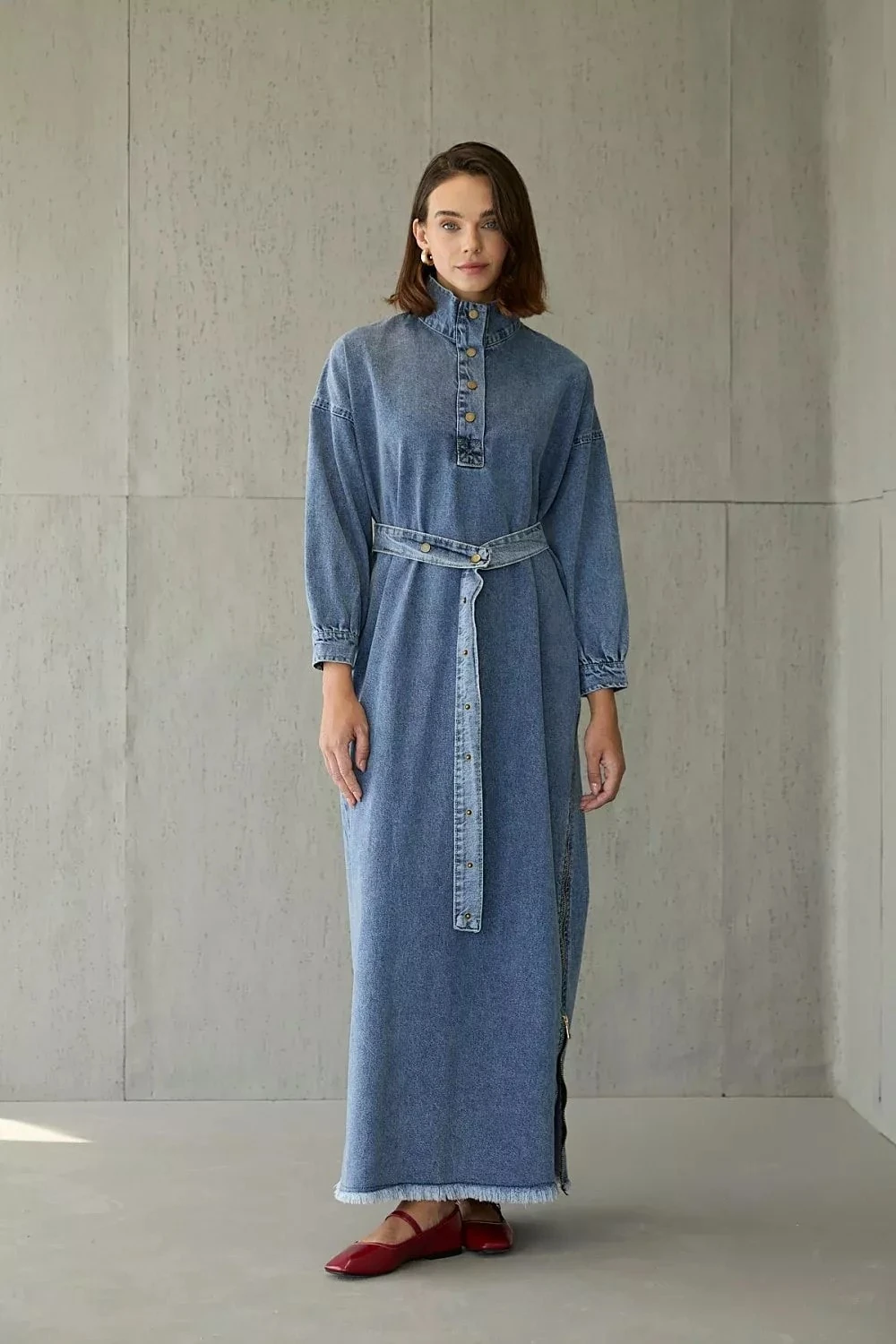 1005 Yan Fermuarlı Denim Elbise