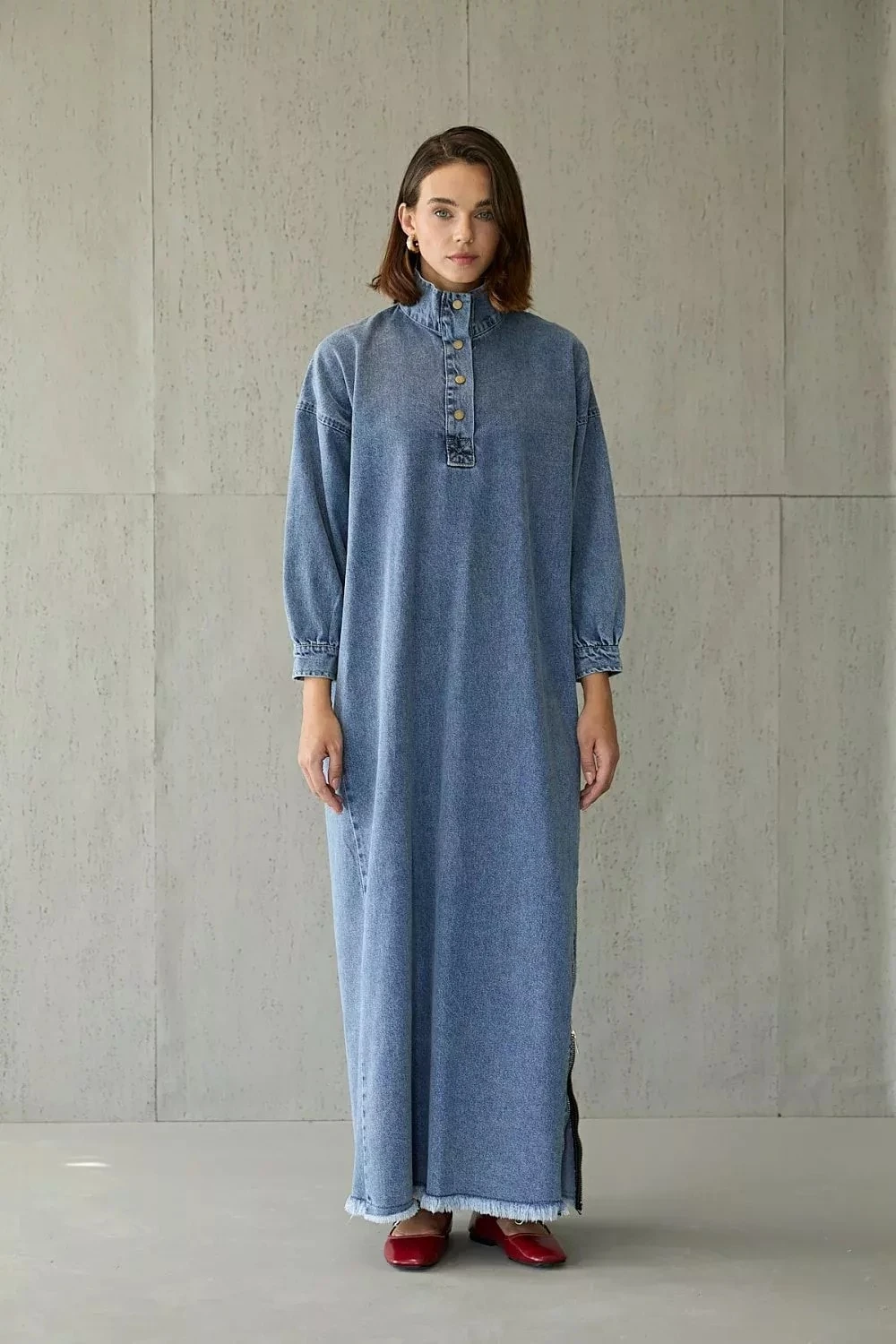 1005 Yan Fermuarlı Denim Elbise