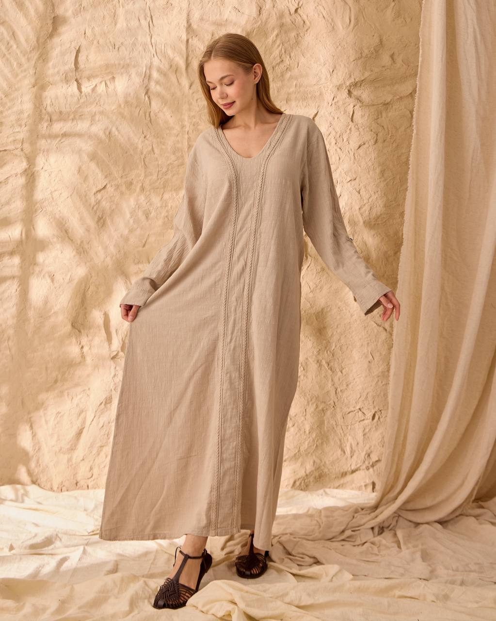 00100 V yaka Keten elbise