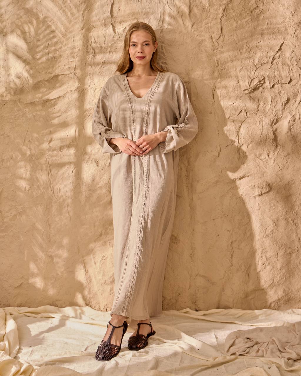 00100 V yaka Keten elbise