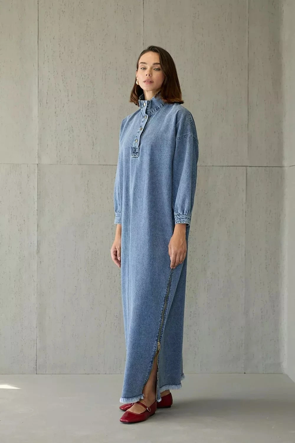 1005 Yan Fermuarlı Denim Elbise