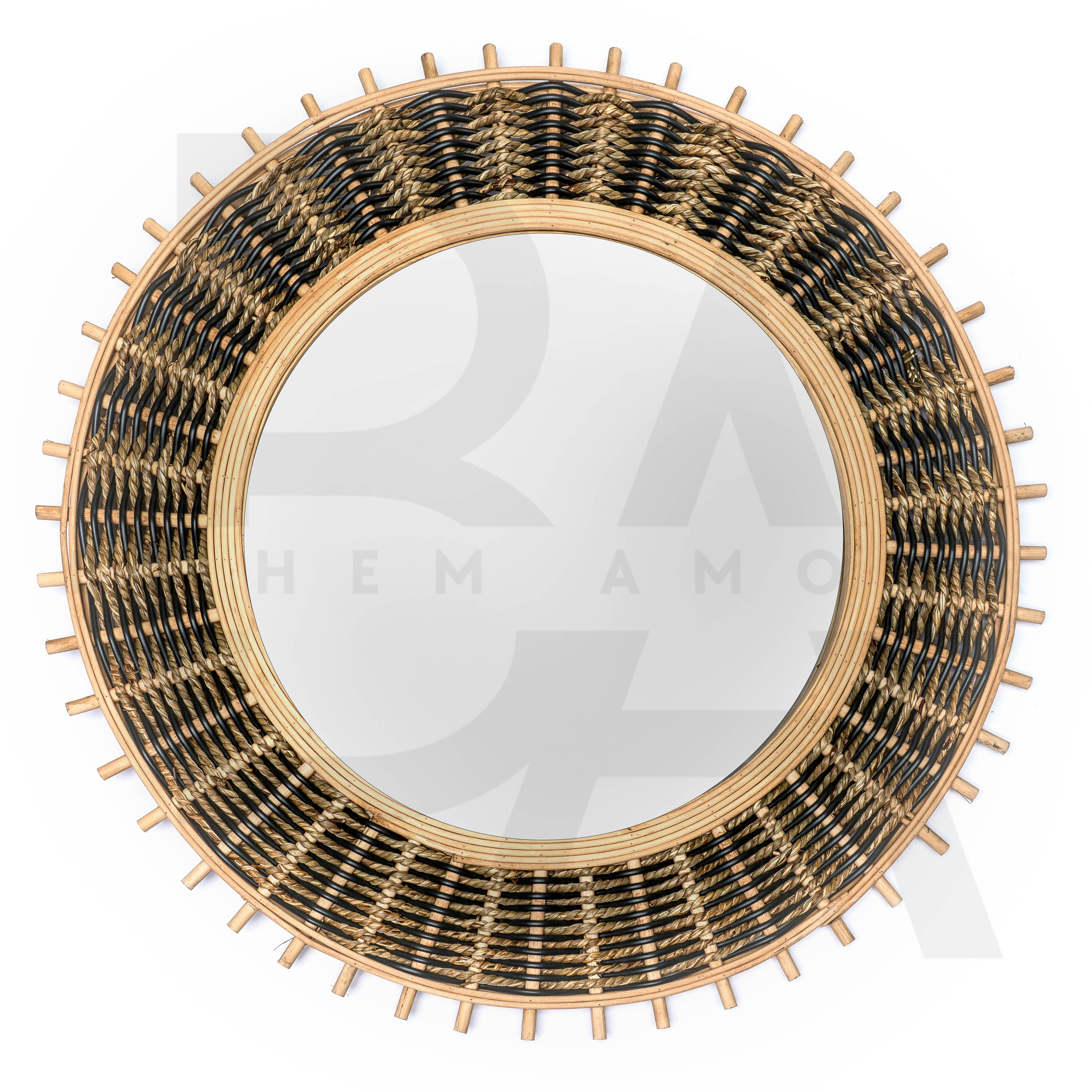 Yuvarlak Kontrast Örgü Detaylı Bambu Ayna