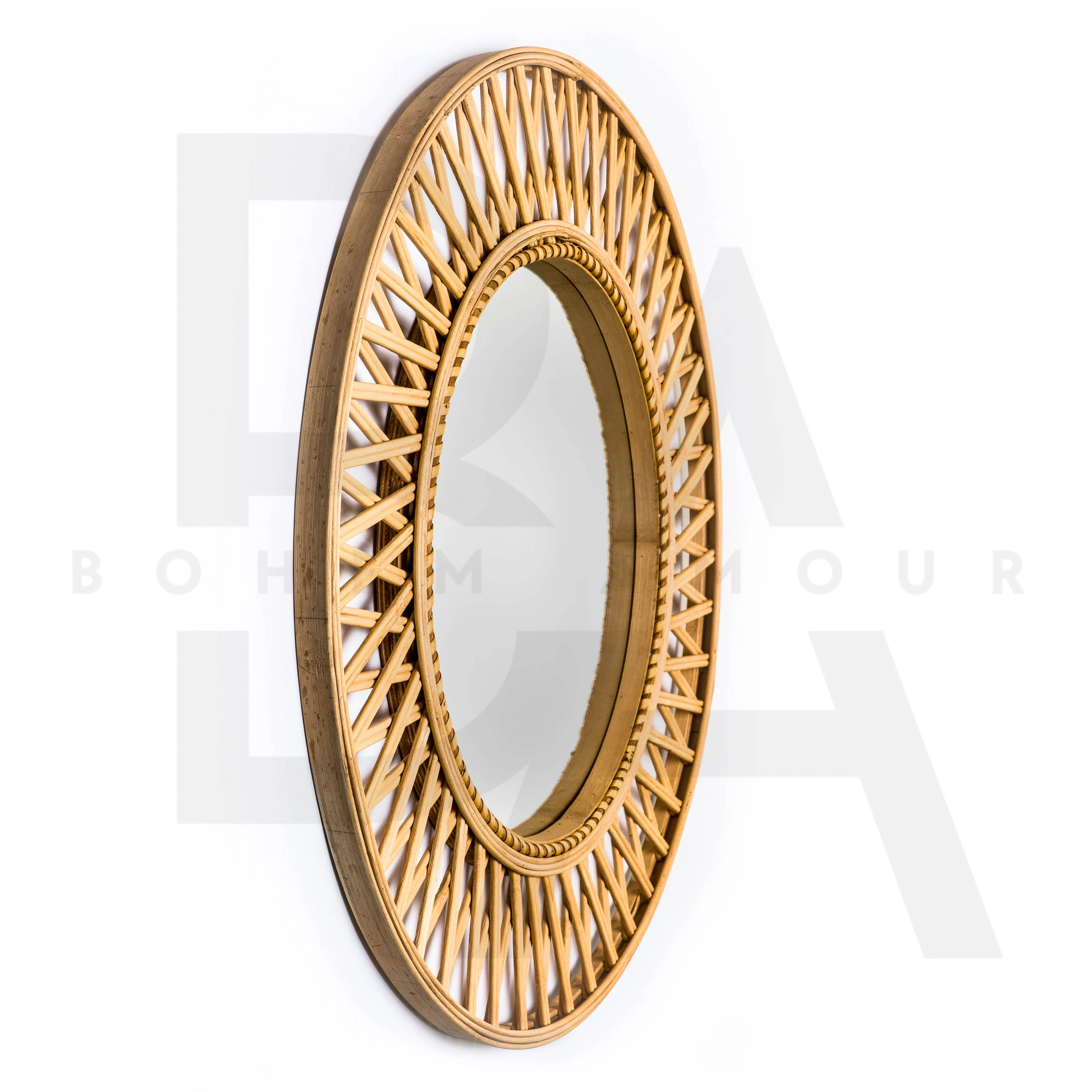 Yuvarlak Zikzak Desenli Bambu Ayna