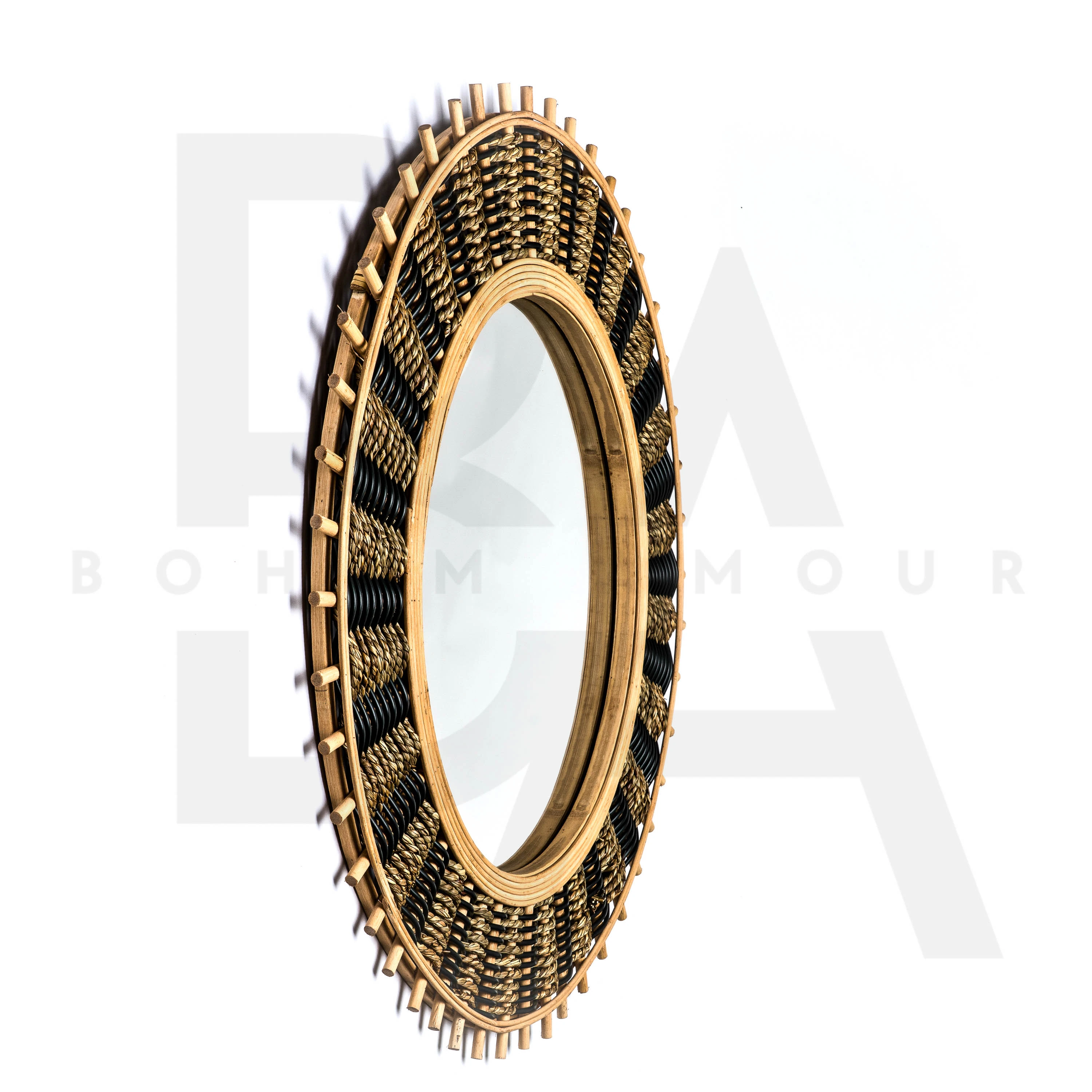 Yuvarlak Kontrast Örgü Detaylı Bambu Ayna