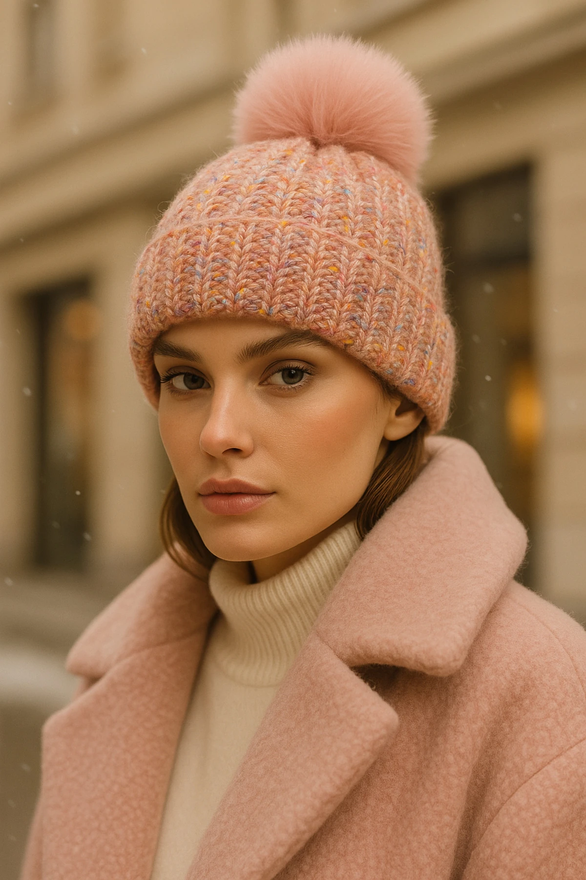 Örme Pamuklu Premium Ponponlu Bere - pembe ponponlu