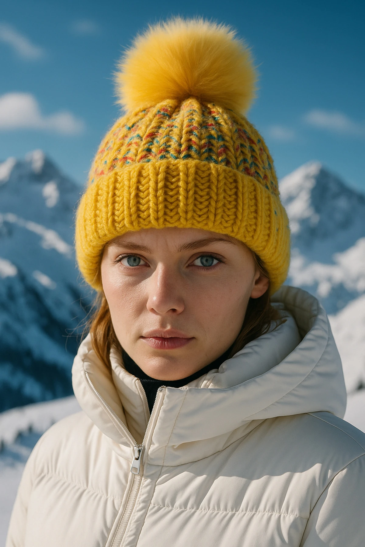 Örme Pamuklu Premium Ponponlu Bere - sarı ponponlu