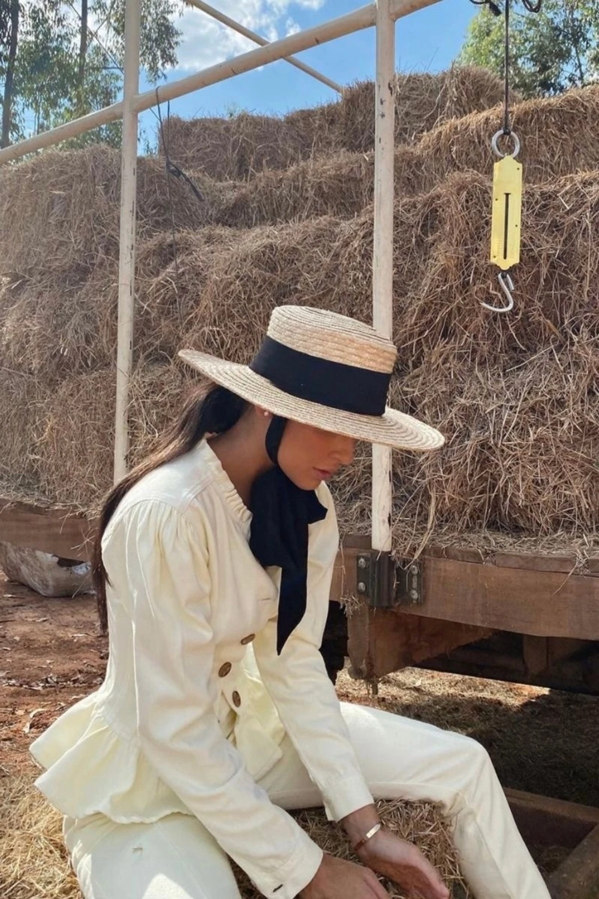 Hasır Şapka - bej-siyah