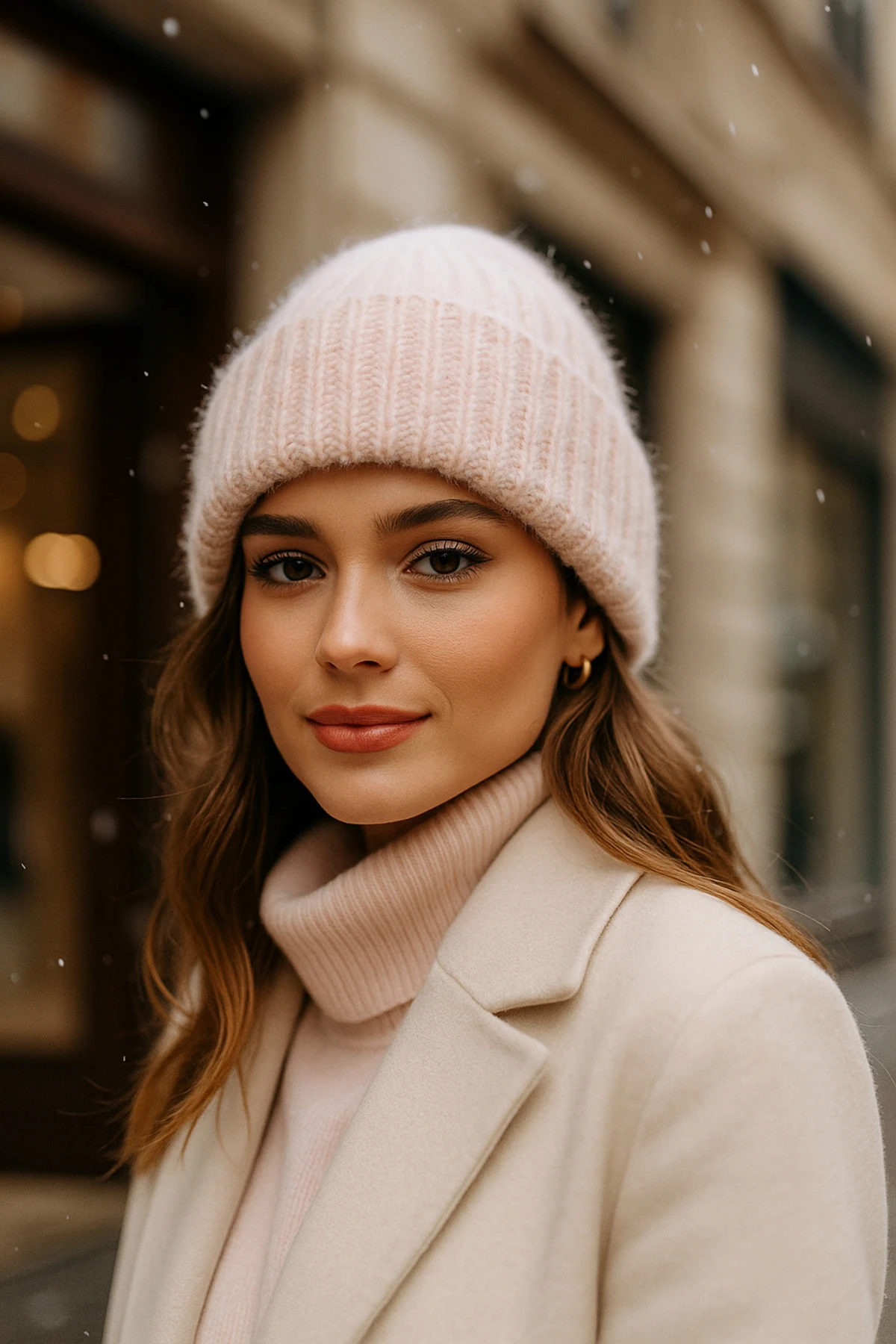 Örme Pamuklu Premium Ponponlu Bere - pembe yünlü