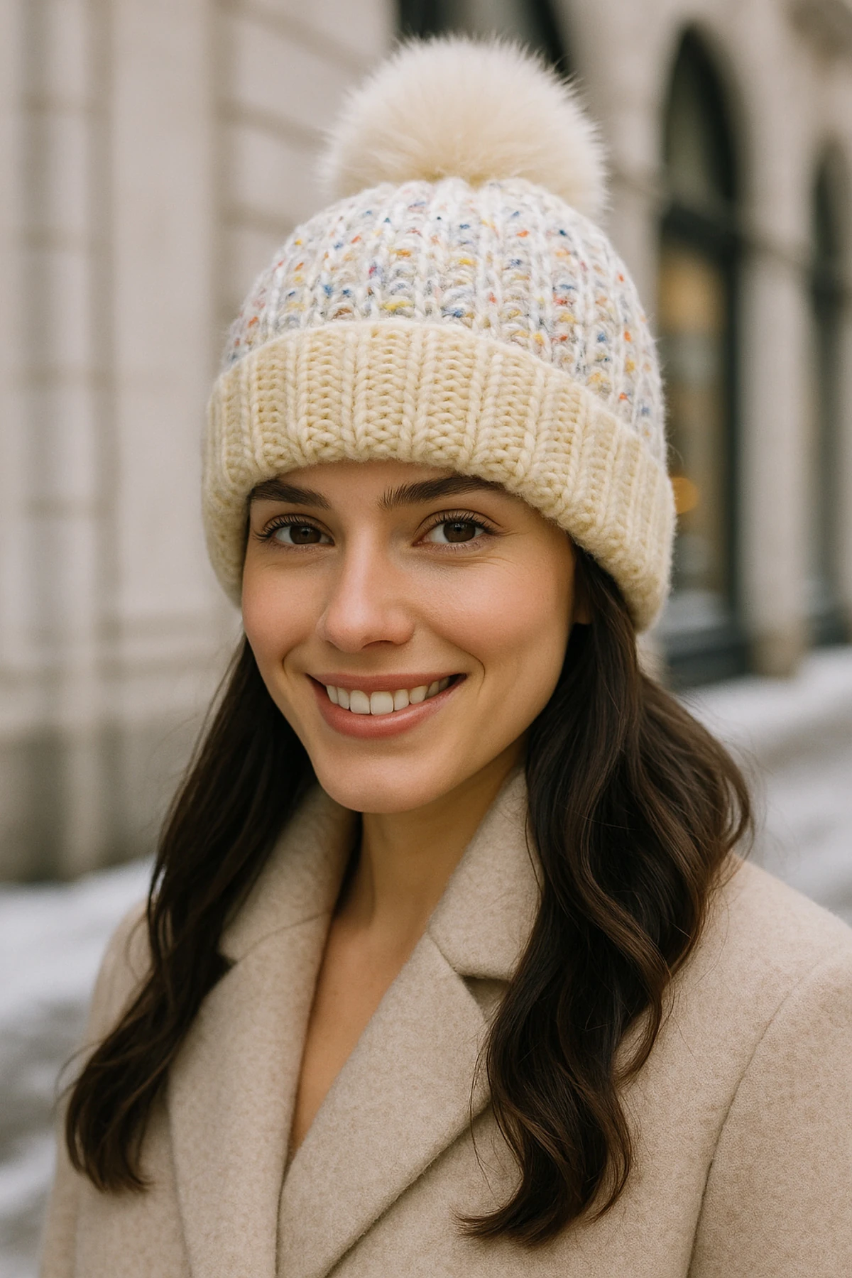 Örme Pamuklu Premium Ponponlu Bere - krem ponponlu