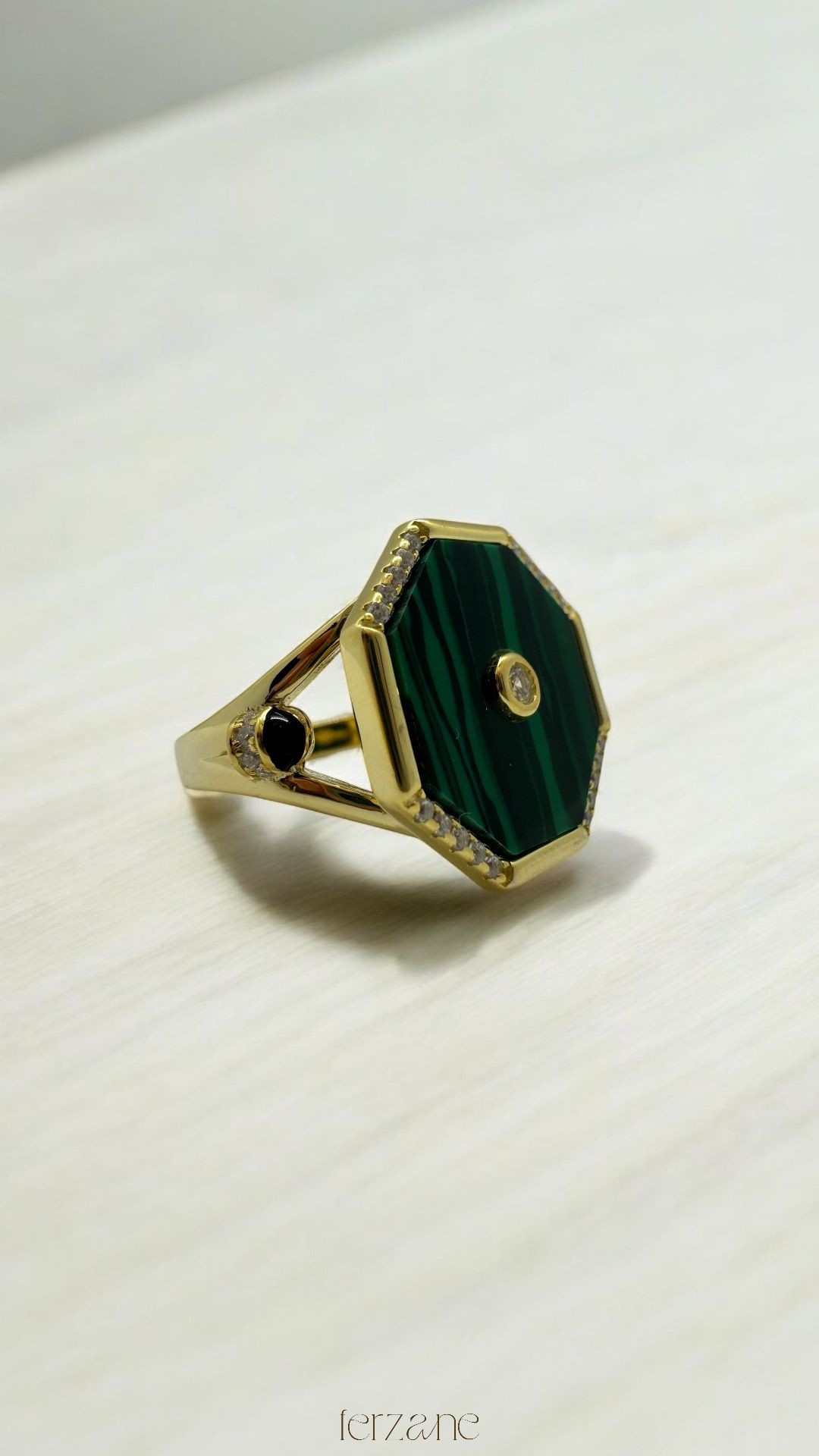 925 Ayar İthal Malahit Taşlı Gold Malachite Stone Gümüş Yüzük