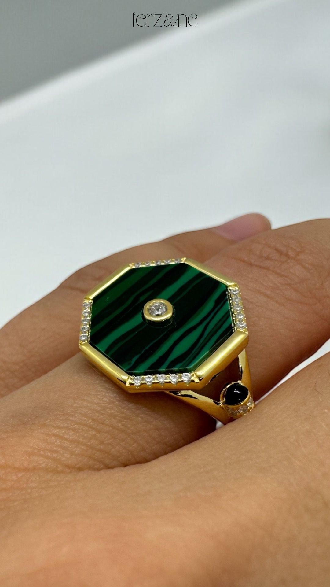 925 Ayar İthal Malahit Taşlı Gold Malachite Stone Gümüş Yüzük