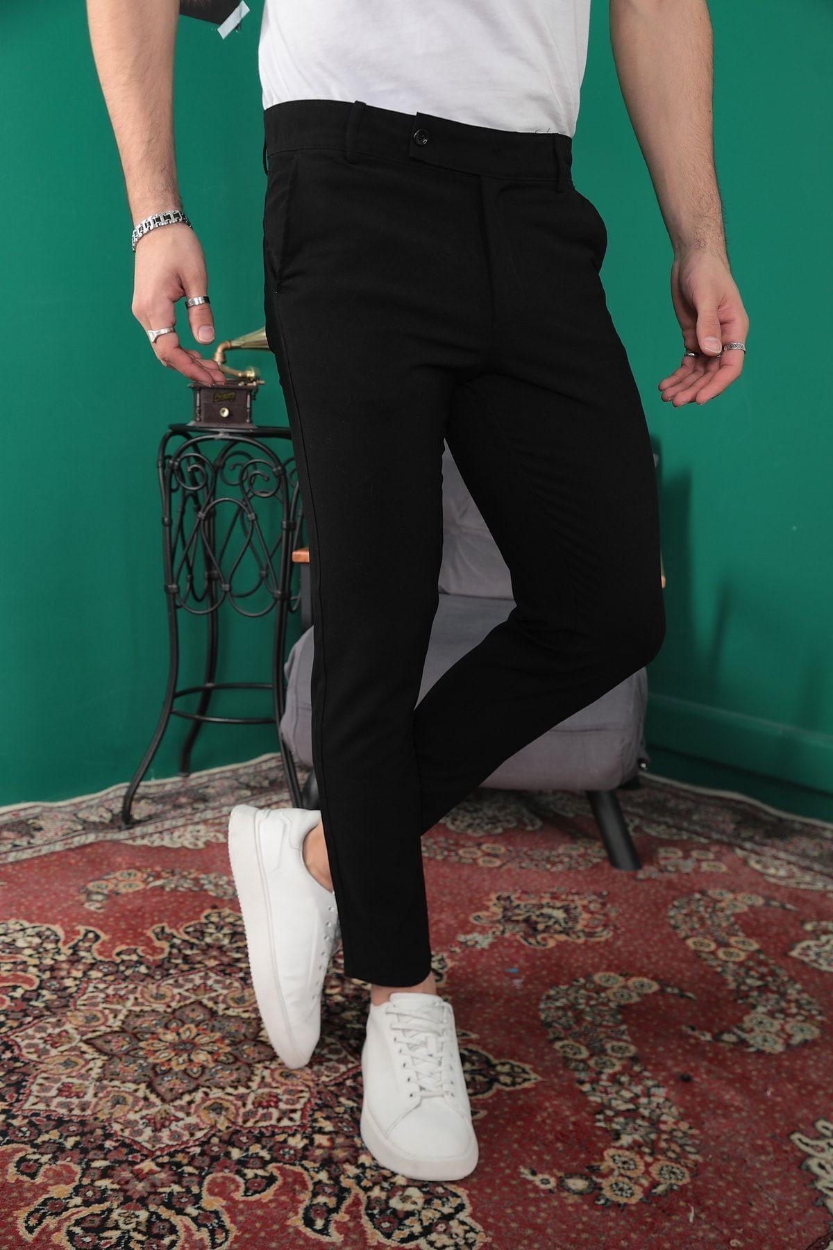 Erkek Italyan Kesim Slim Fit En Boy Likralı Bilek Boy Esnek Kumaş Pantolon - siyah