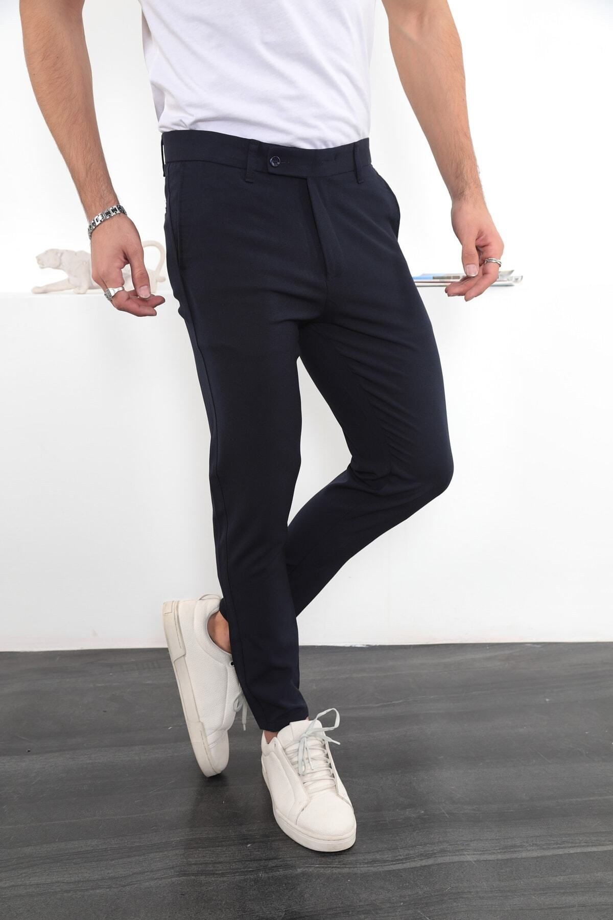 Erkek Slim Fit Likralı Bilek Boy Italyan Kesim Kumaş Pantolon - lacivert