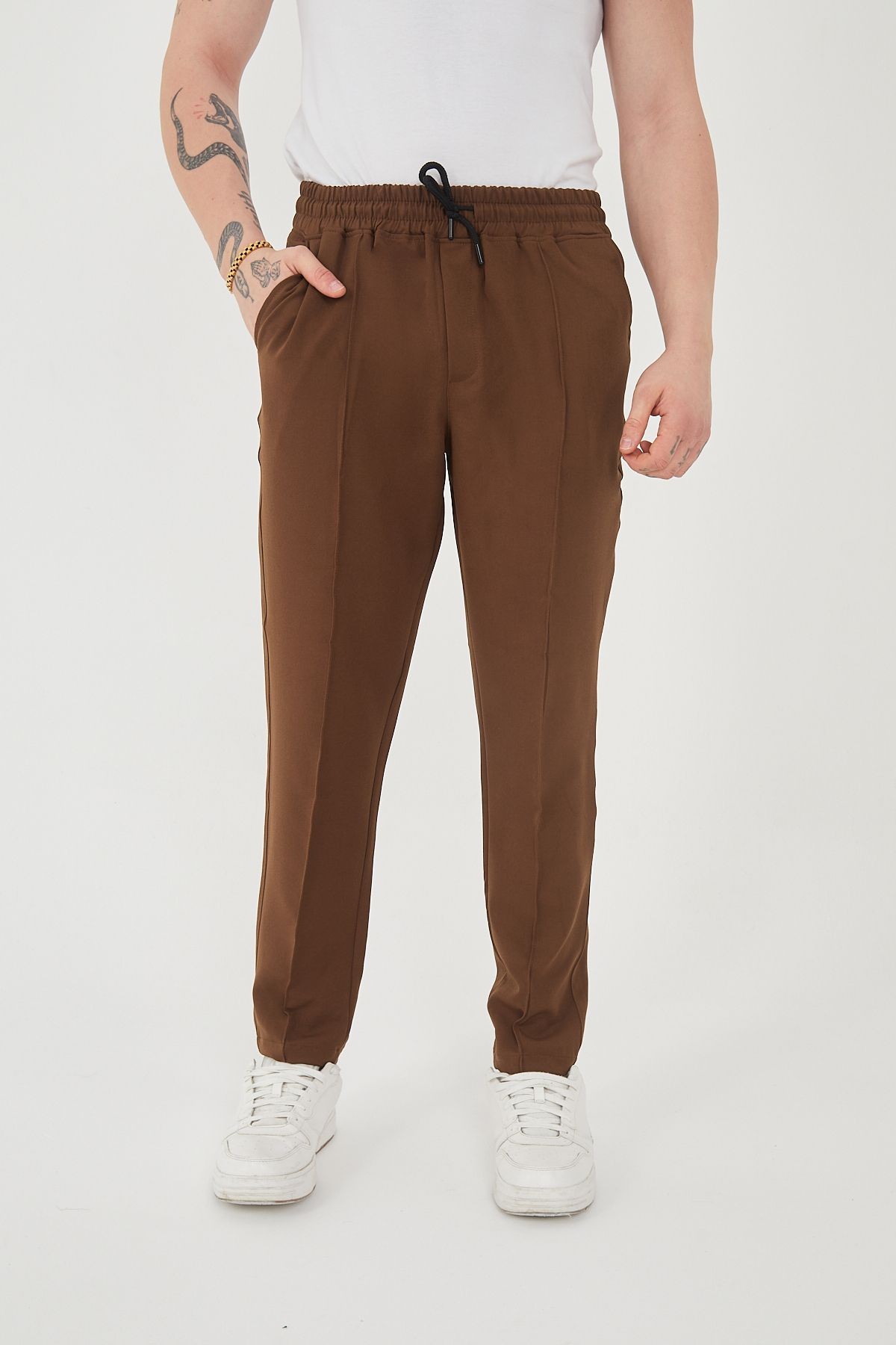 Unisex Şeritli Yandan Cepli Beli Lastikli Polyester Likralı Jogger Pantolon - kahverengi