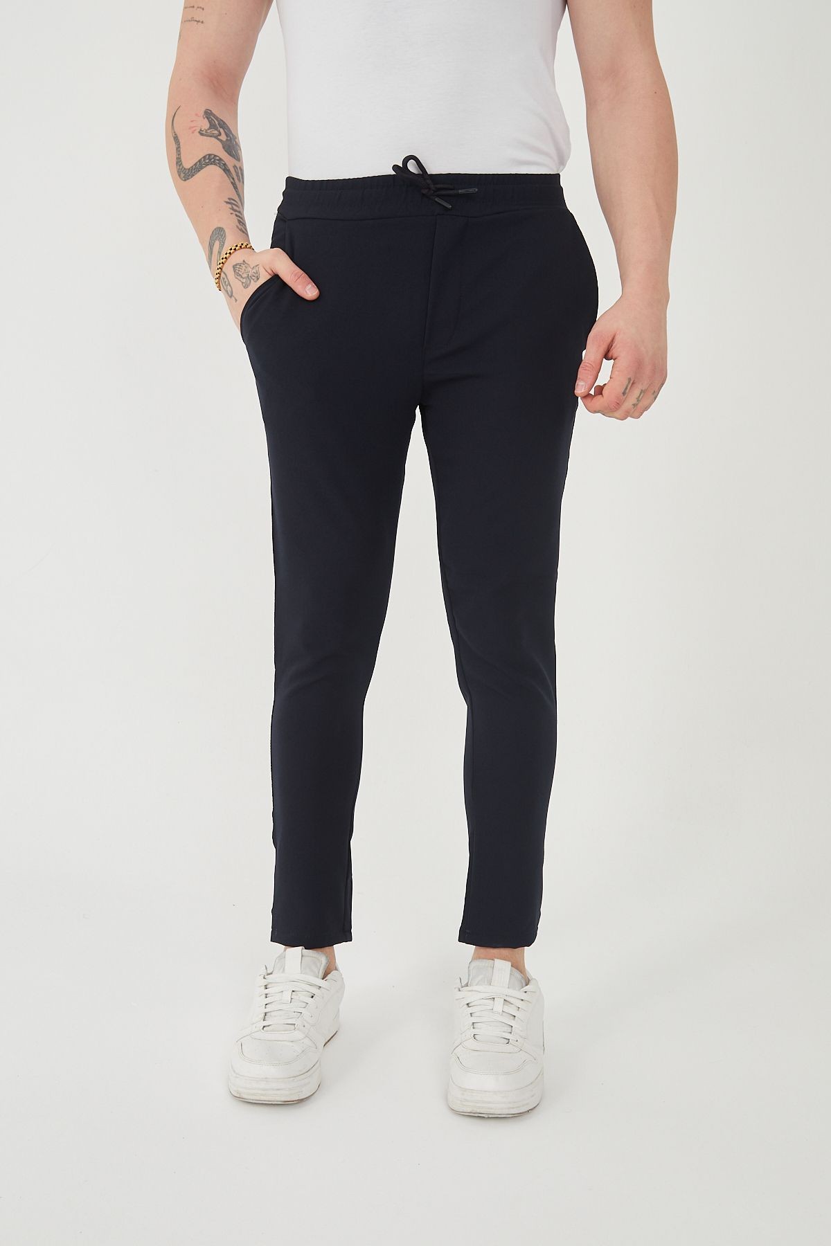 Unisex Beli Lastikli Yandan Cepli Likralı Jogger Pantolon - lacivert