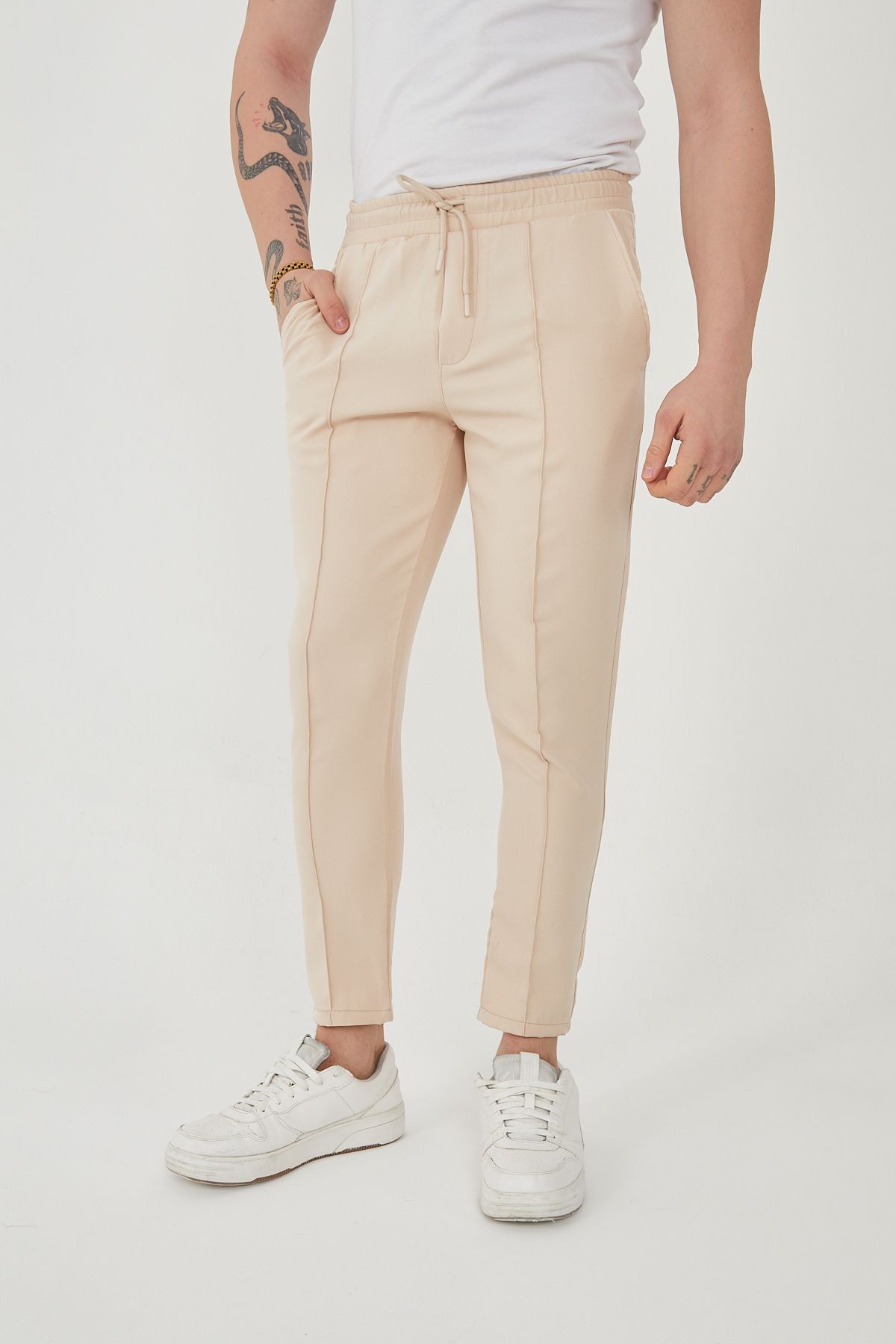 Unisex Şeritli Yandan Cepli Beli Lastikli Polyester Likralı Jogger Pantolon - bej