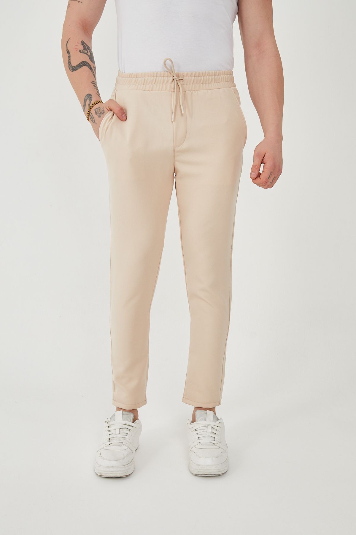 Unisex Beli Lastikli Yandan Cepli Likralı Jogger Pantolon - bej