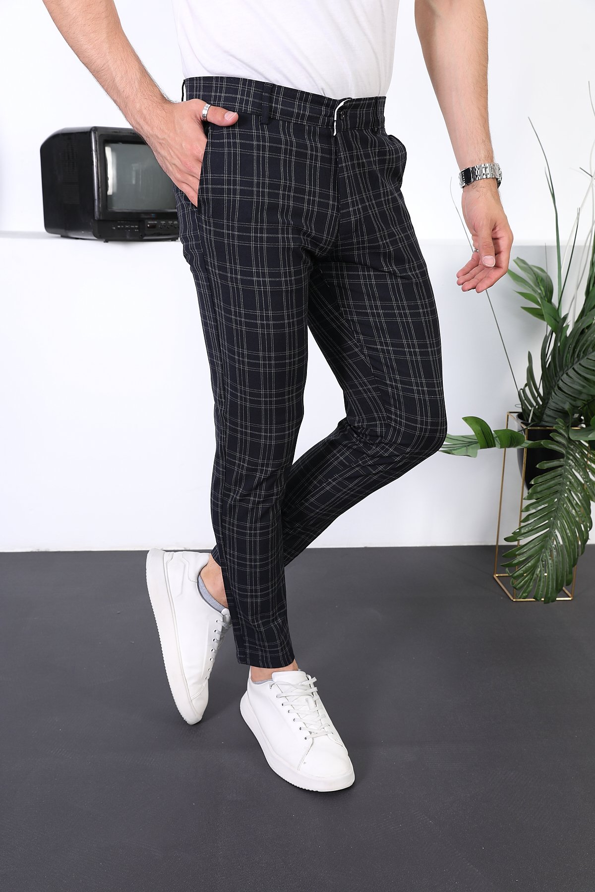 Erkek Ekose Yeni Dizayn Slim Fit Likralı Kumaş Pantolon - lacivert