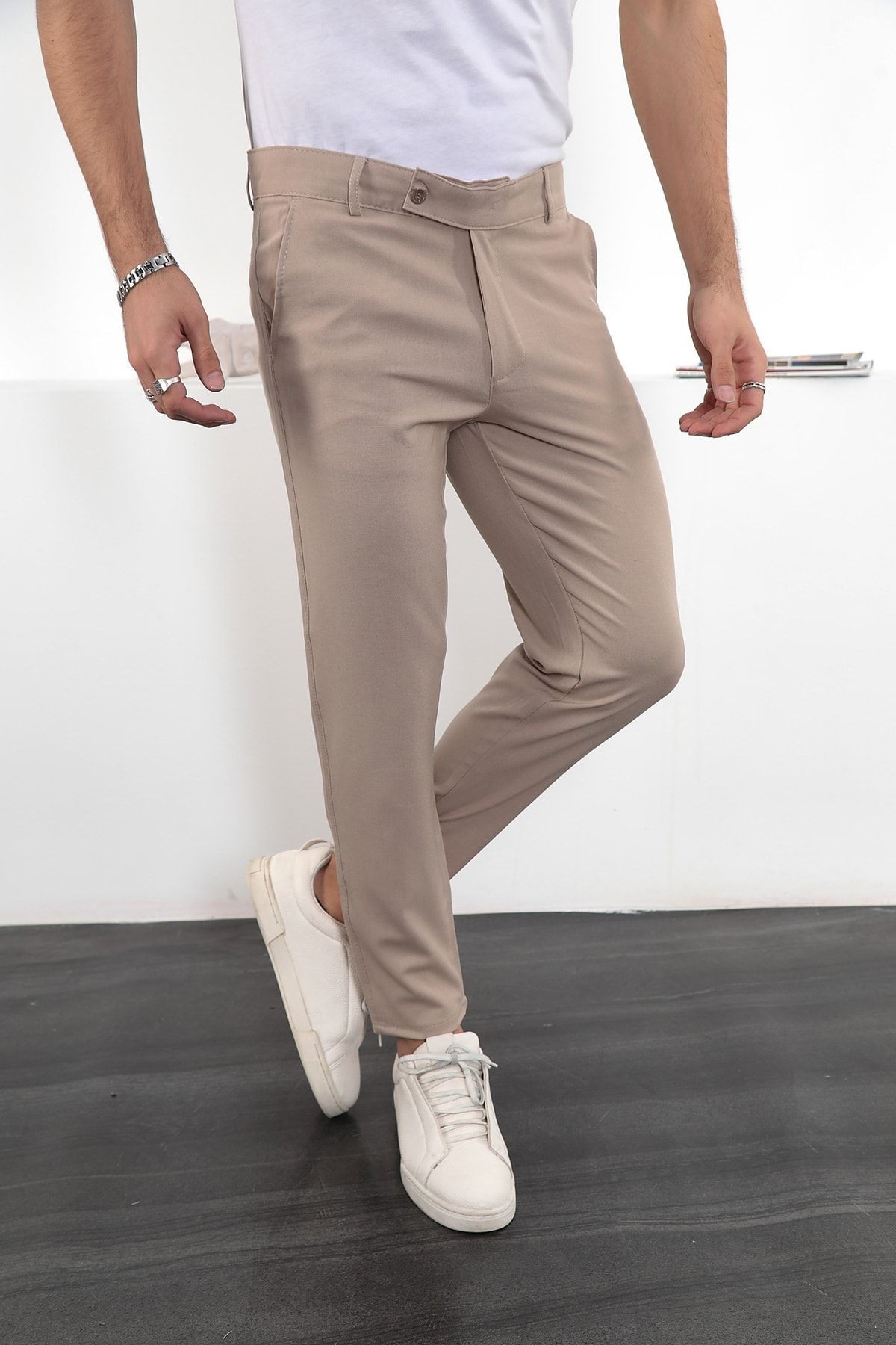 Erkek Slim Fit Likralı Bilek Boy Italyan Kesim Kumaş Pantolon - bej
