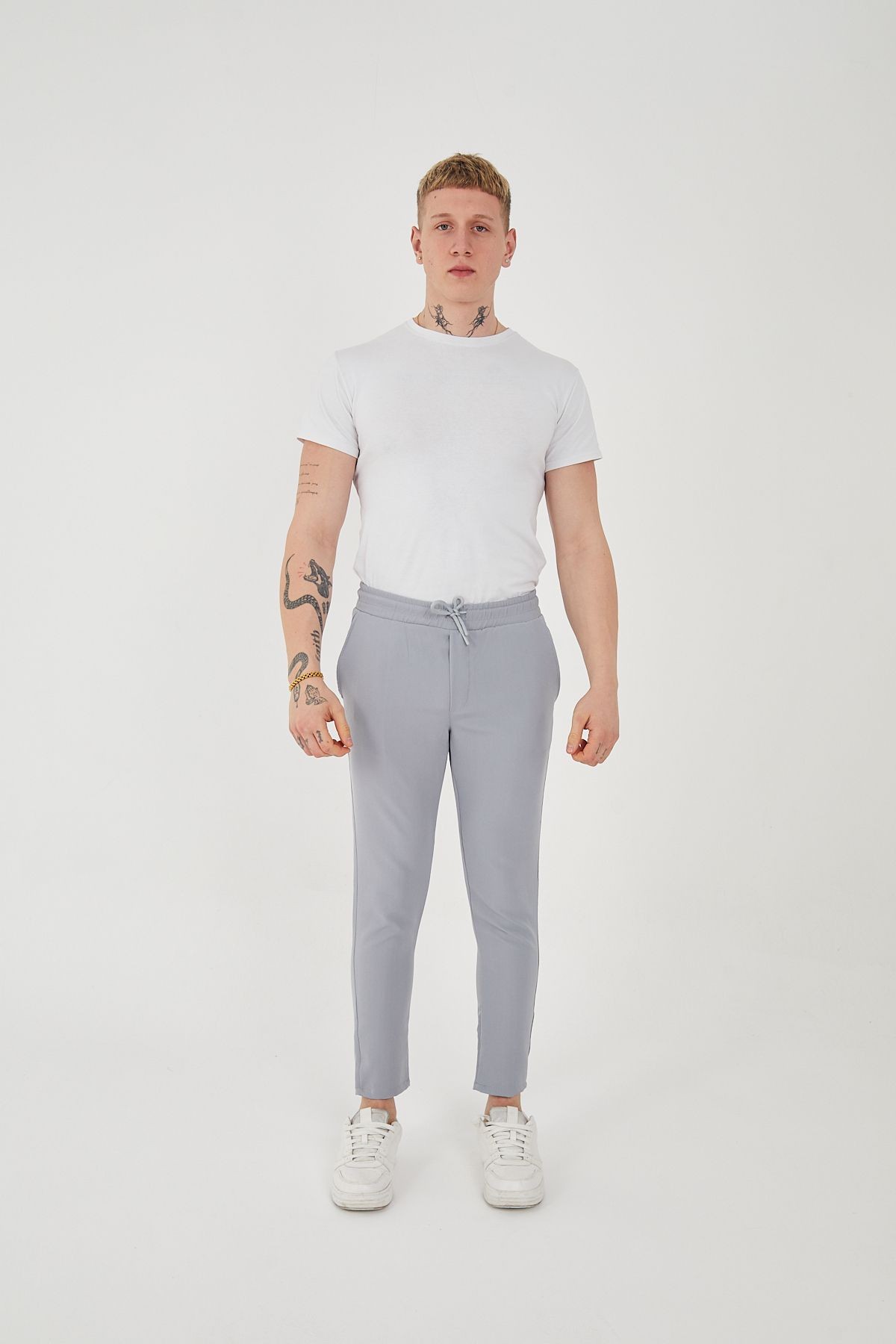 Unisex Beli Lastikli Yandan Cepli Likralı Jogger Pantolon - açık gri