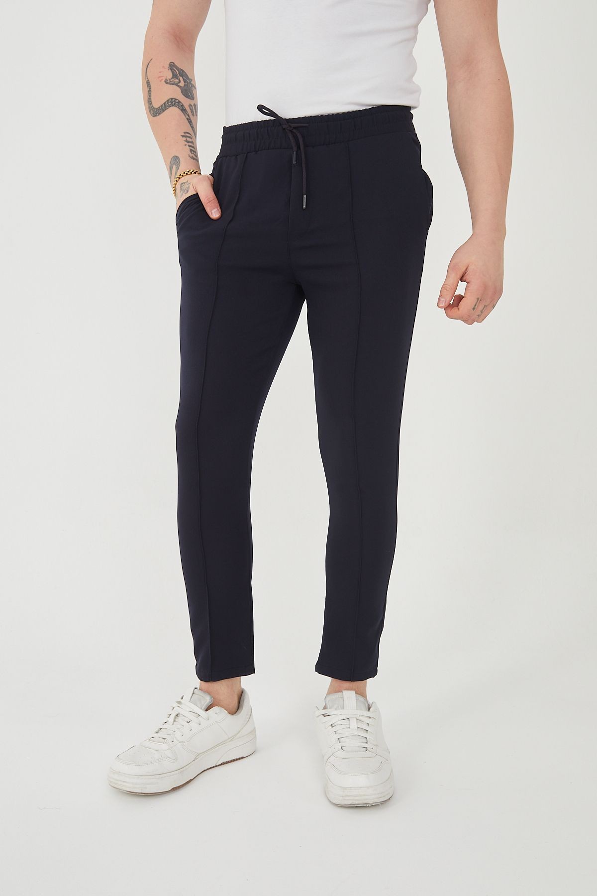 Unisex Şeritli Yandan Cepli Beli Lastikli Polyester Likralı Jogger Pantolon - lacivert