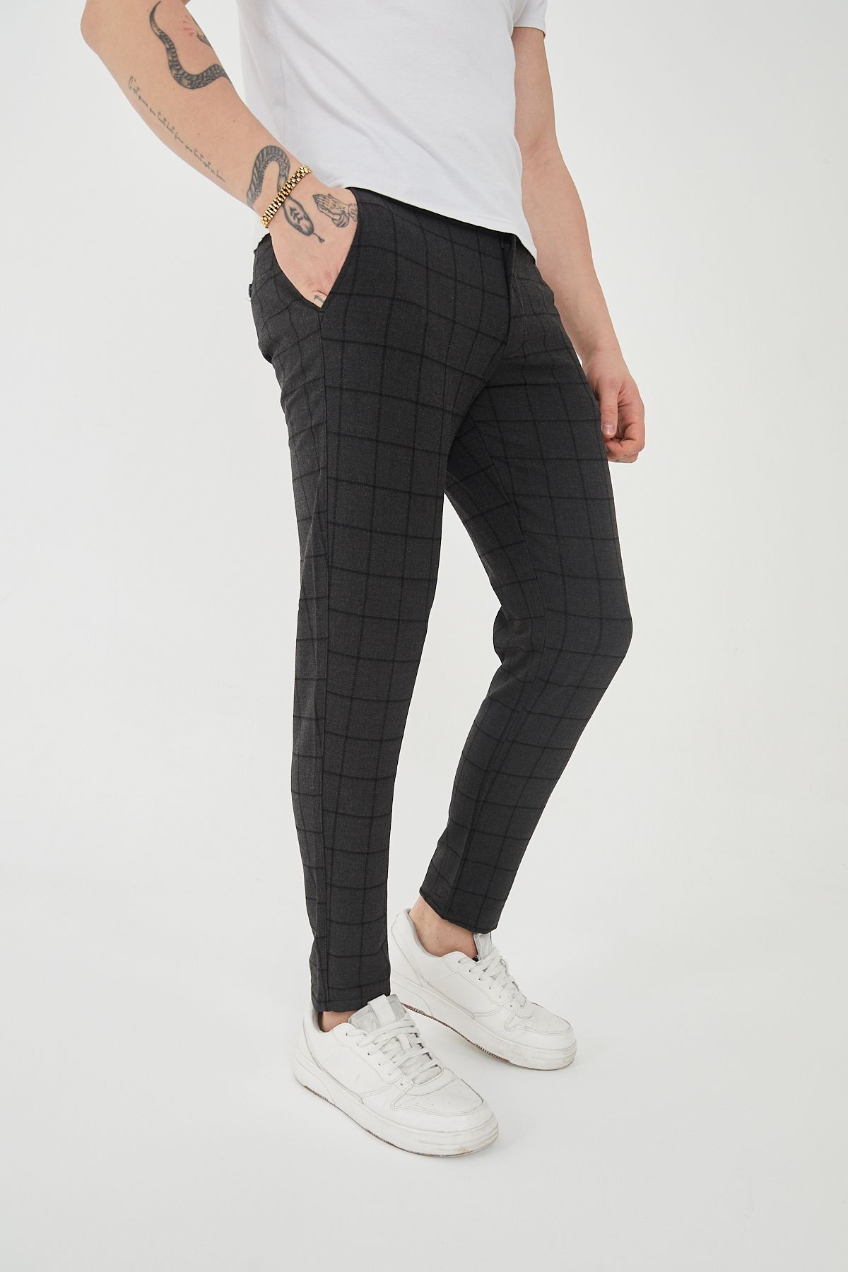 Erkek Italyan Kesim Ekose Detaylı Slim Fit Likralı Kumaş Pantolon EPL-009