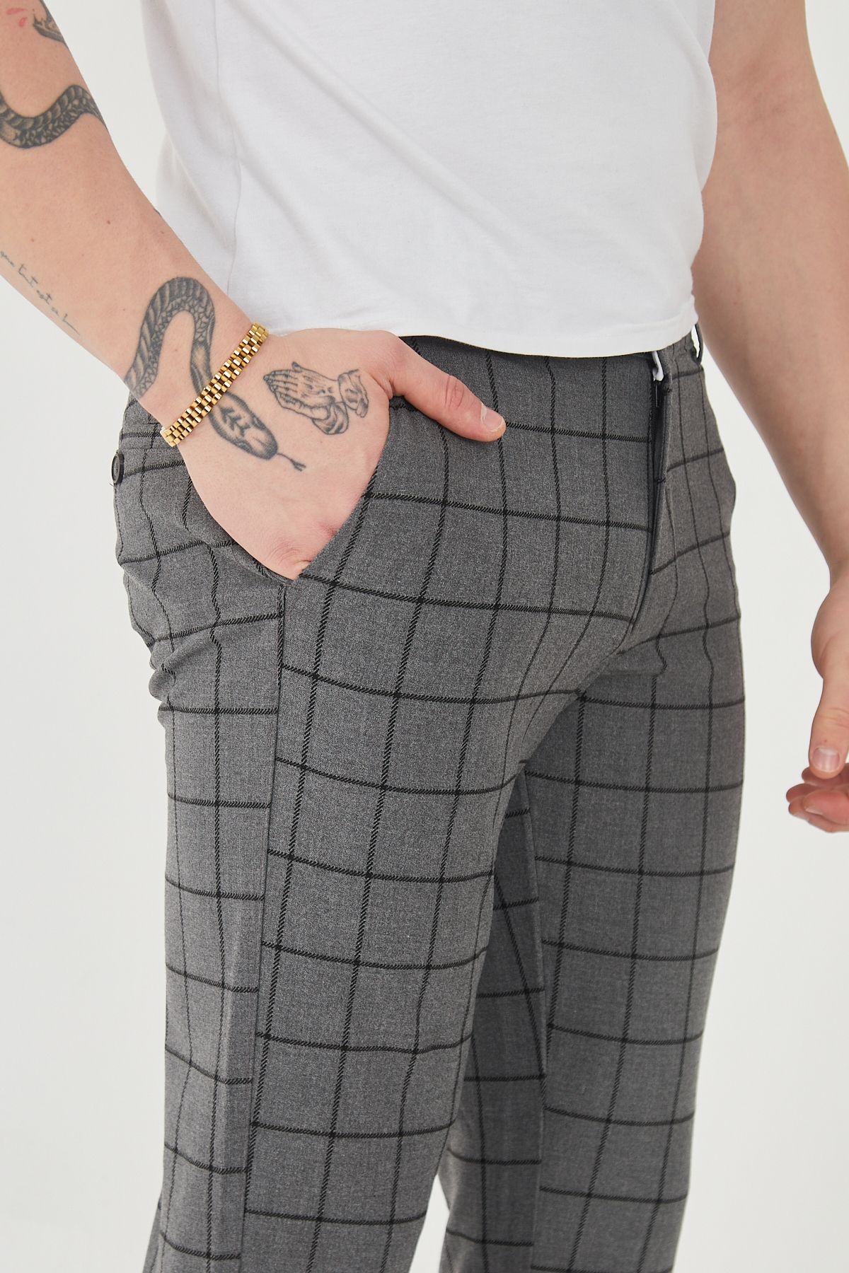 Erkek Italyan Kesim Ekose Detaylı Slim Fit Likralı Kumaş Pantolon EPL-009 - gri