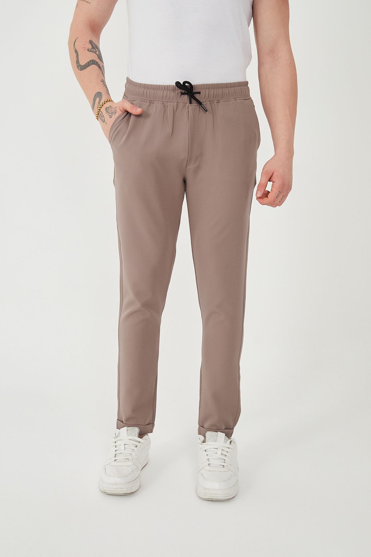 Unisex Beli Lastikli Yandan Cepli Likralı Jogger Pantolon - kahverengi