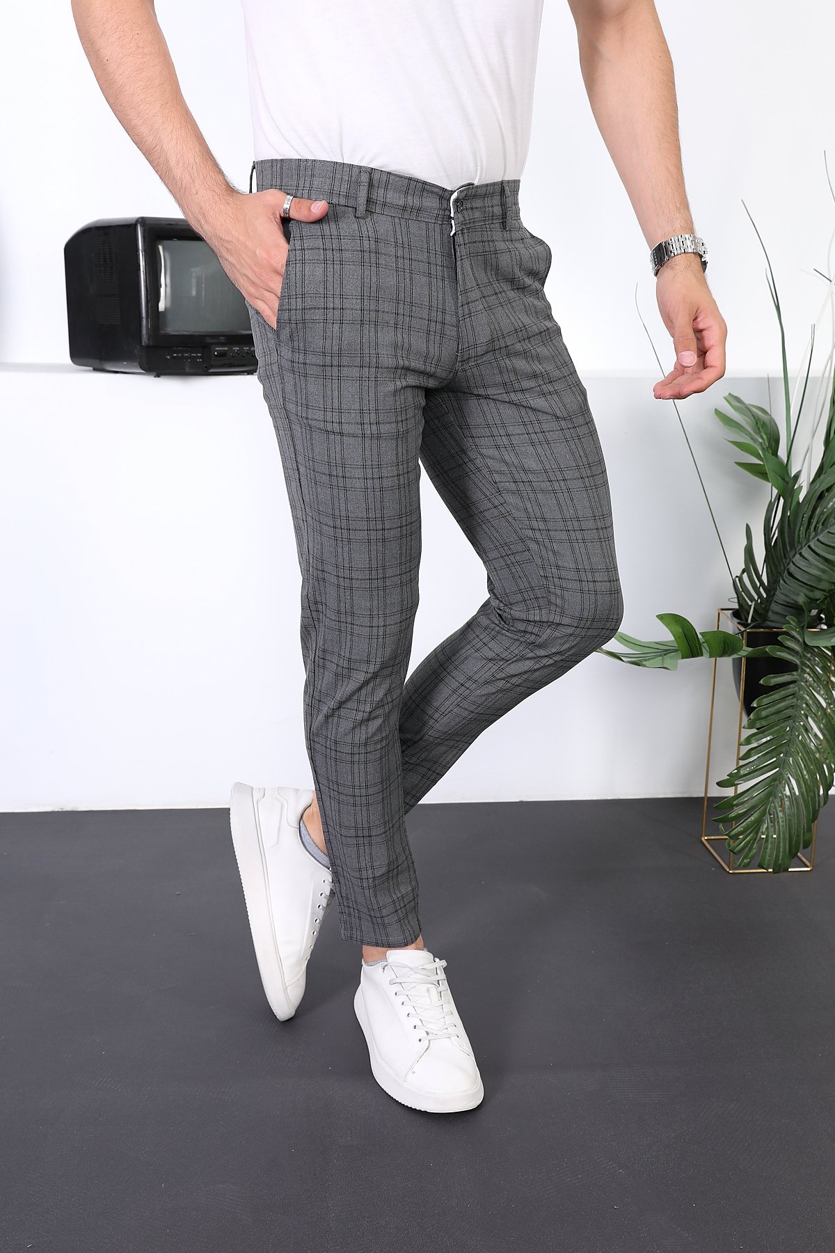 Erkek Ekose Yeni Dizayn Slim Fit Likralı Kumaş Pantolon - gri