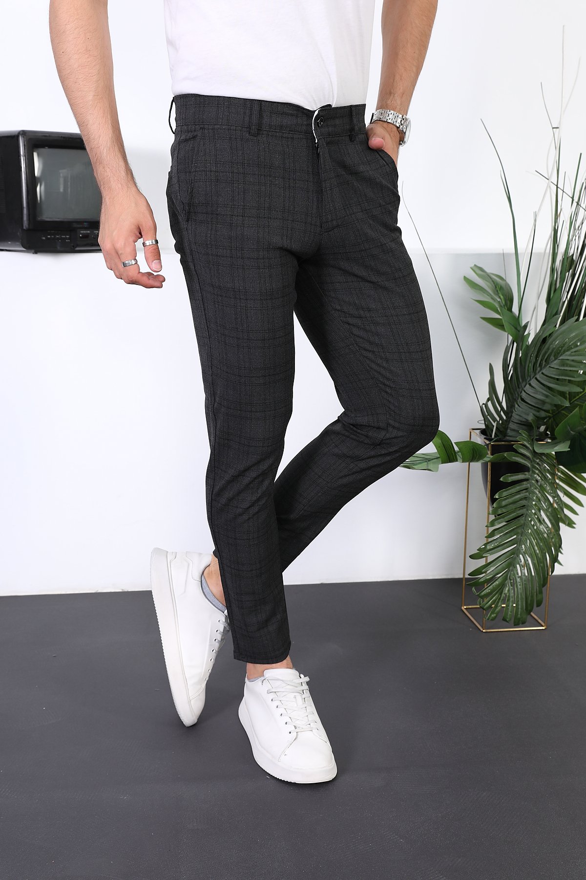 Erkek Ekose Yeni Dizayn Slim Fit Likralı Kumaş Pantolon - antrasit/füme