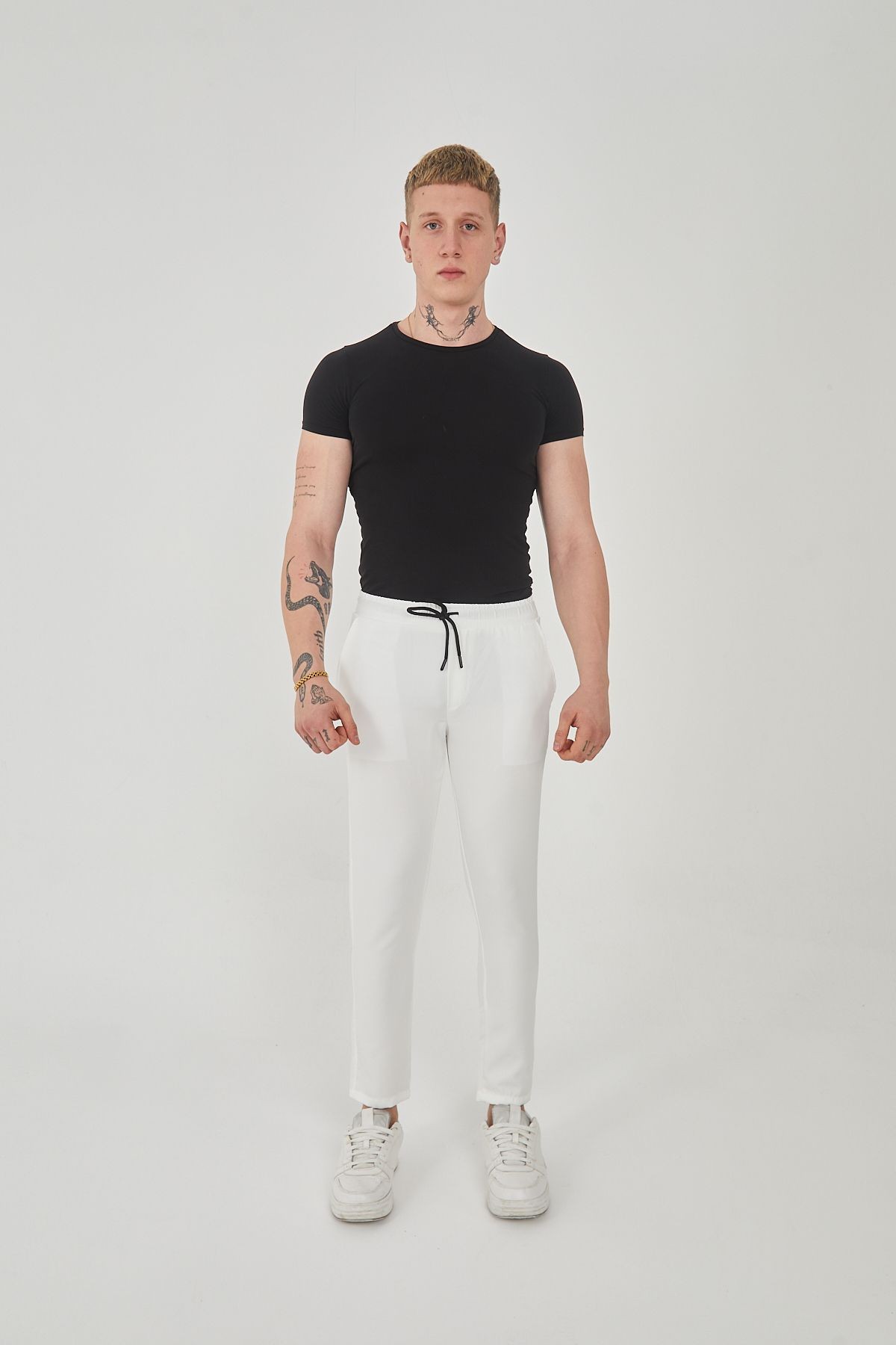Unisex Beli Lastikli Yandan Cepli Likralı Jogger Pantolon - beyaz