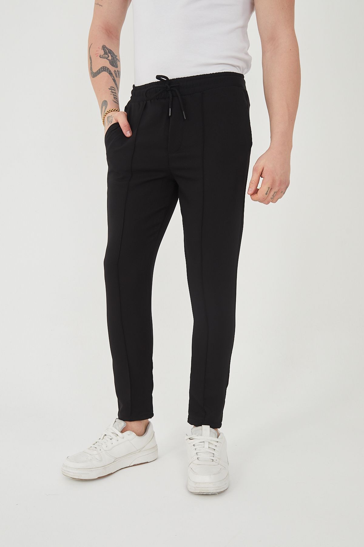 Unisex Şeritli Yandan Cepli Beli Lastikli Polyester Likralı Jogger Pantolon - siyah