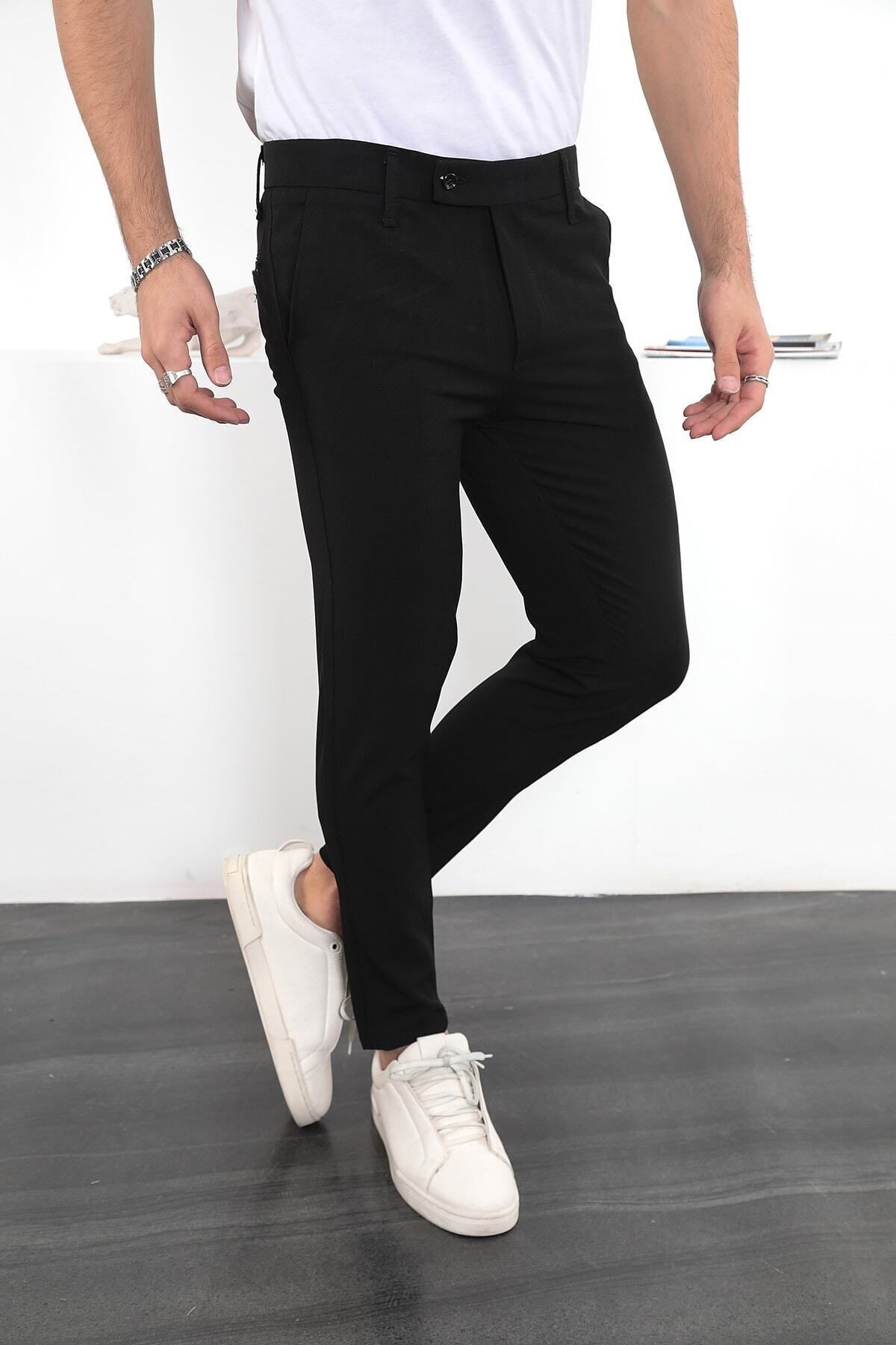 Erkek Slim Fit Likralı Bilek Boy Italyan Kesim Kumaş Pantolon - siyah