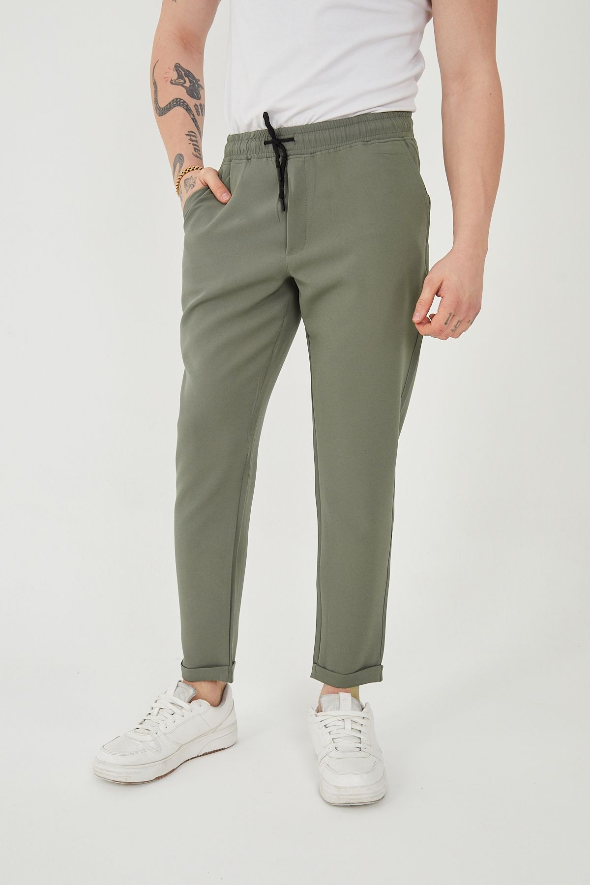 Unisex Beli Lastikli Yandan Cepli Likralı Jogger Pantolon - haki