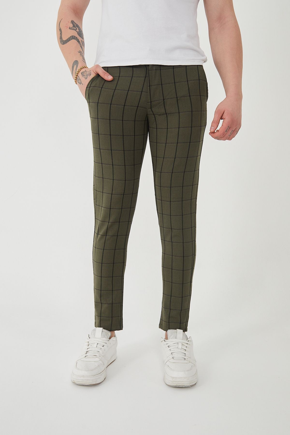 Erkek Italyan Kesim Ekose Detaylı Slim Fit Likralı Kumaş Pantolon EPL-009 - haki
