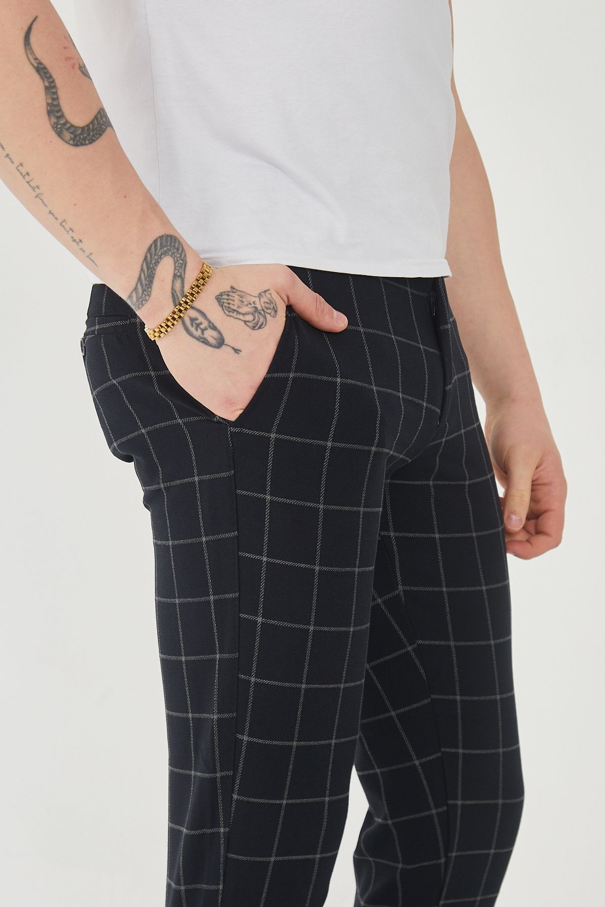 Erkek Italyan Kesim Ekose Detaylı Slim Fit Likralı Kumaş Pantolon EPL-009