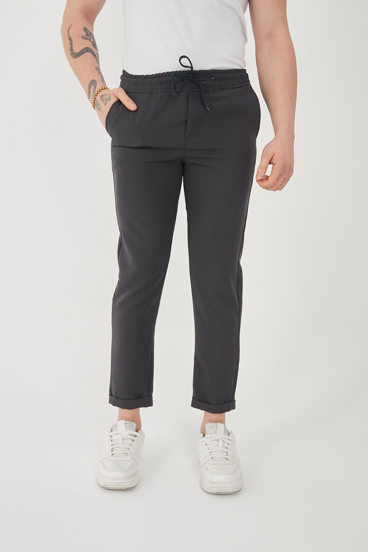 Unisex Beli Lastikli Yandan Cepli Likralı Jogger Pantolon - gri