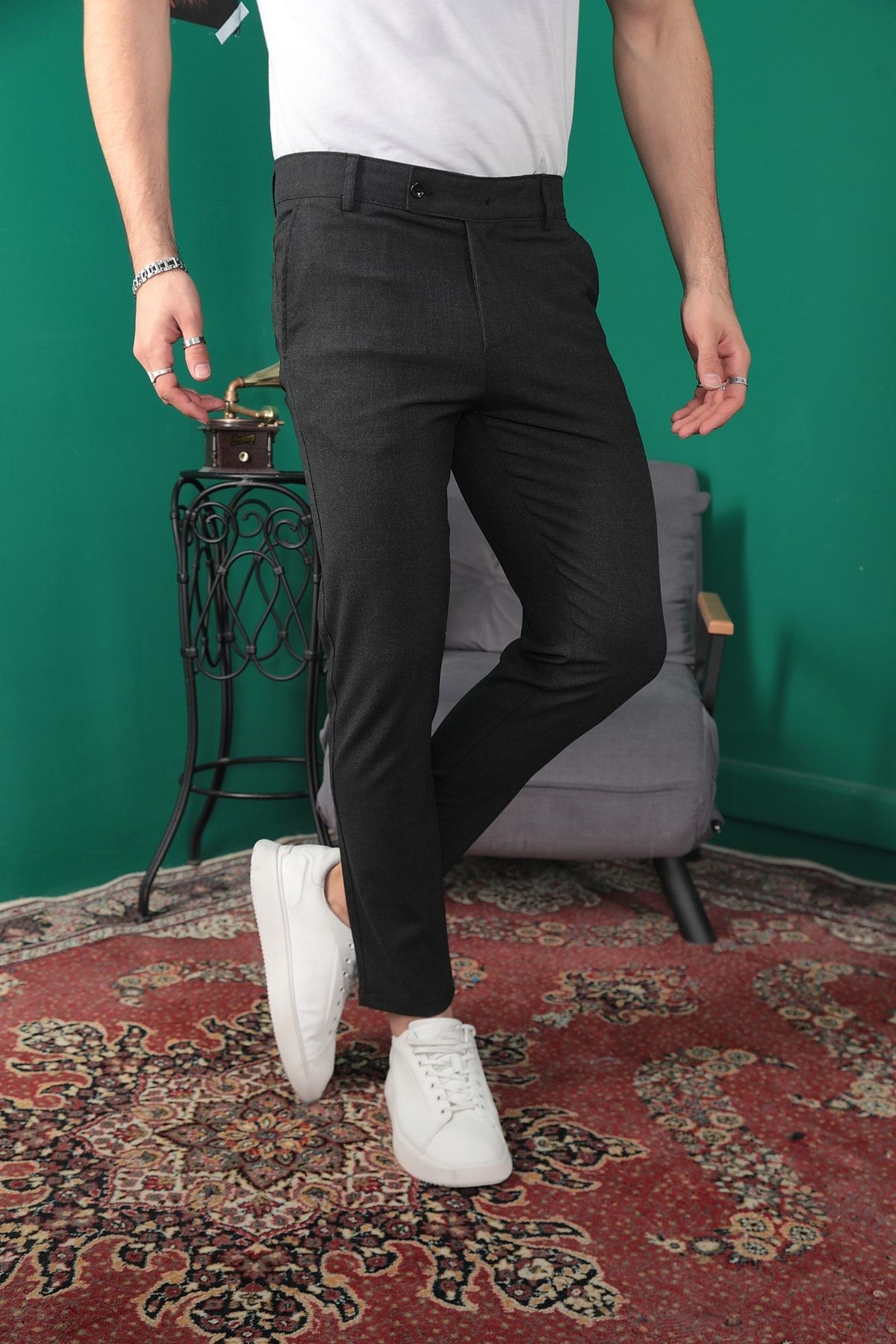 Erkek Italyan Kesim Slim Fit En Boy Likralı Bilek Boy Esnek Kumaş Pantolon - antrasit/füme