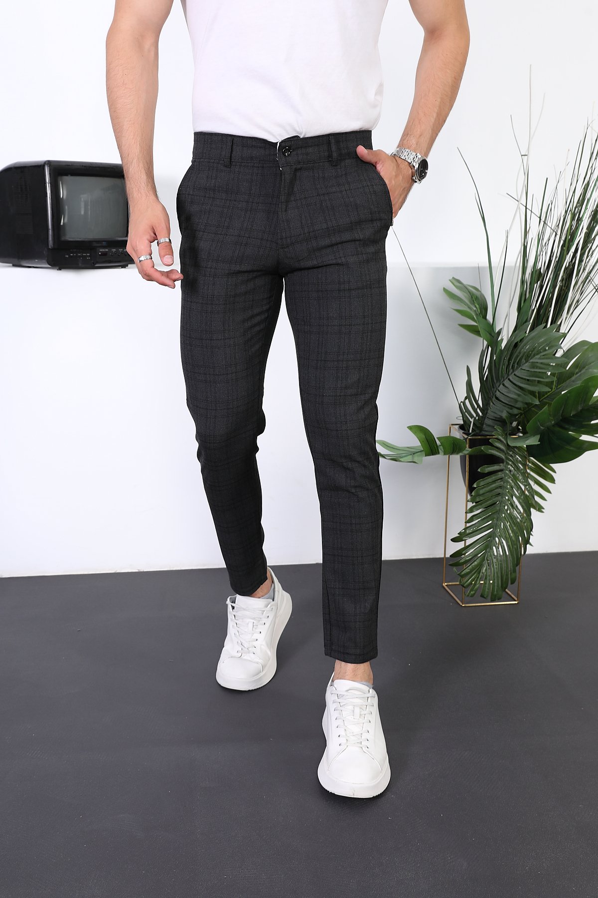 Erkek Ekose Yeni Dizayn Slim Fit Likralı Kumaş Pantolon