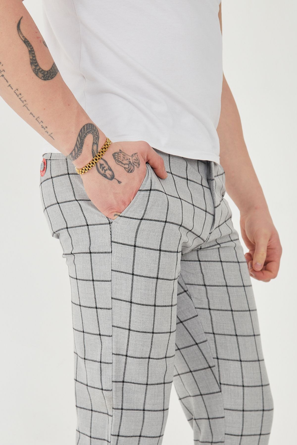 Erkek Italyan Kesim Ekose Detaylı Slim Fit Likralı Kumaş Pantolon EPL-009 - açık gri