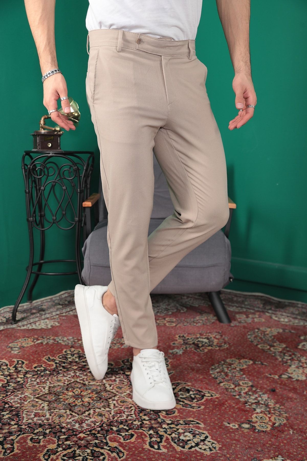 Erkek Italyan Kesim Slim Fit En Boy Likralı Bilek Boy Esnek Kumaş Pantolon - bej