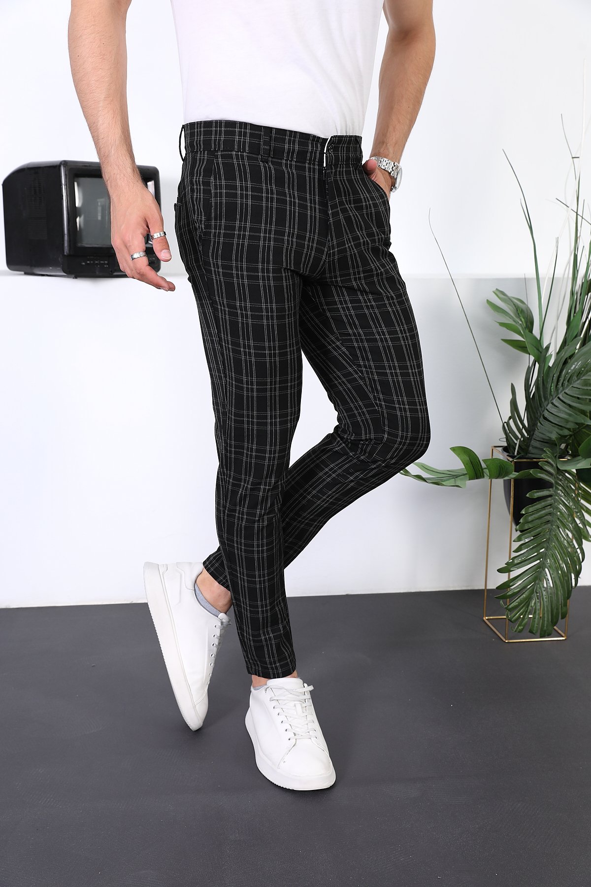 Erkek Ekose Yeni Dizayn Slim Fit Likralı Kumaş Pantolon - siyah
