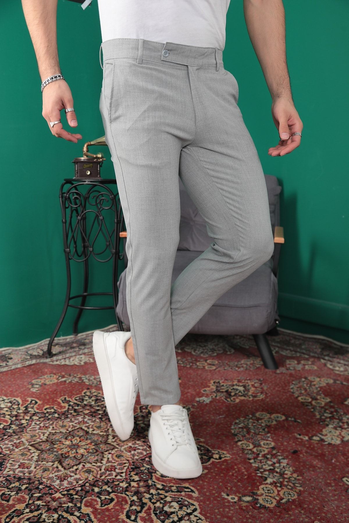 Erkek Italyan Kesim Slim Fit En Boy Likralı Bilek Boy Esnek Kumaş Pantolon - açık gri/taş