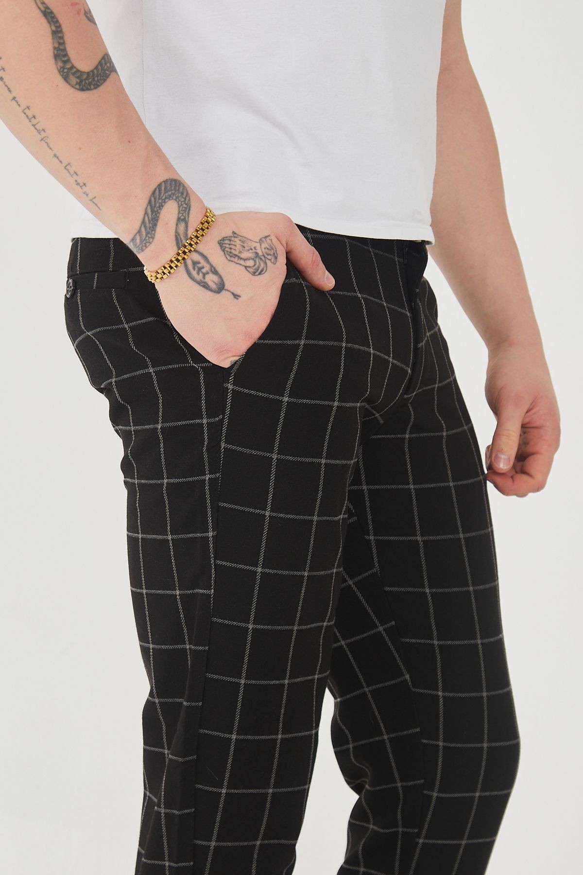 Erkek Italyan Kesim Ekose Detaylı Slim Fit Likralı Kumaş Pantolon EPL-009 - siyah
