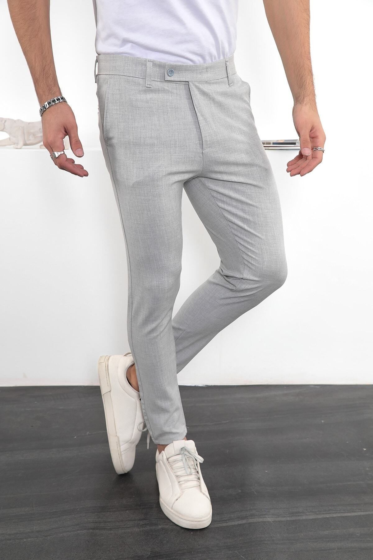 Erkek Slim Fit Likralı Bilek Boy Italyan Kesim Kumaş Pantolon - açık gri/taş
