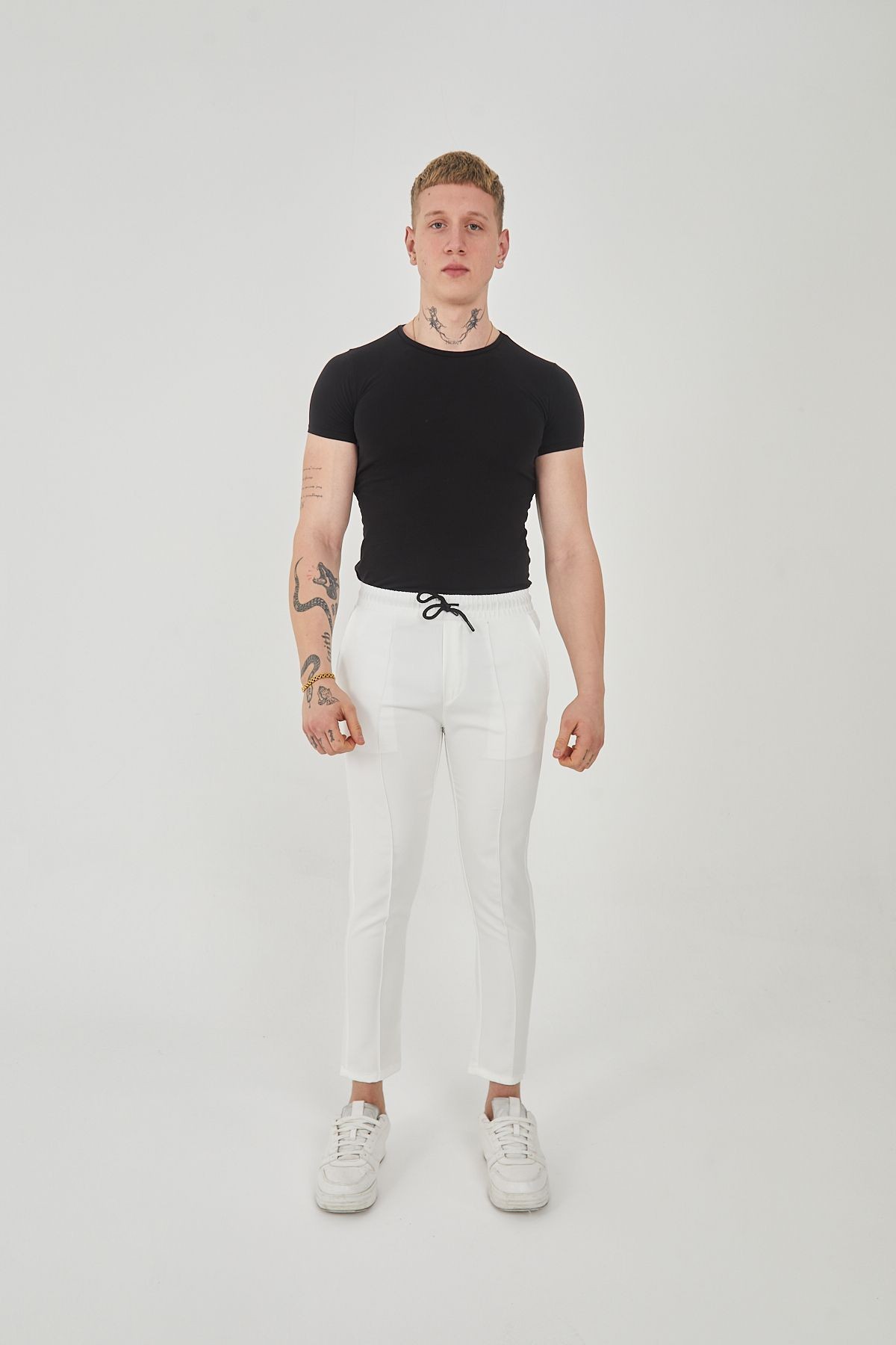 Unisex Şeritli Yandan Cepli Beli Lastikli Polyester Likralı Jogger Pantolon - beyaz