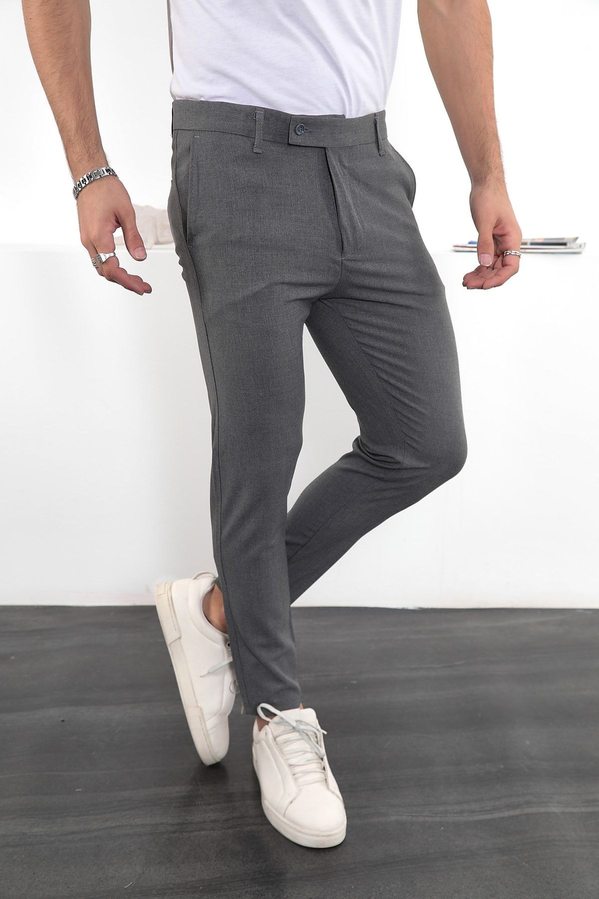 Erkek Slim Fit Likralı Bilek Boy Italyan Kesim Kumaş Pantolon - gri