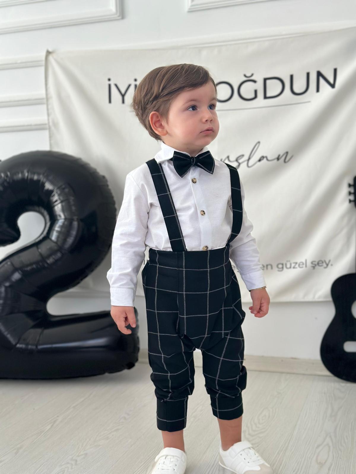 Siyah Kareli  Salopet Papyon Gömlek Takım