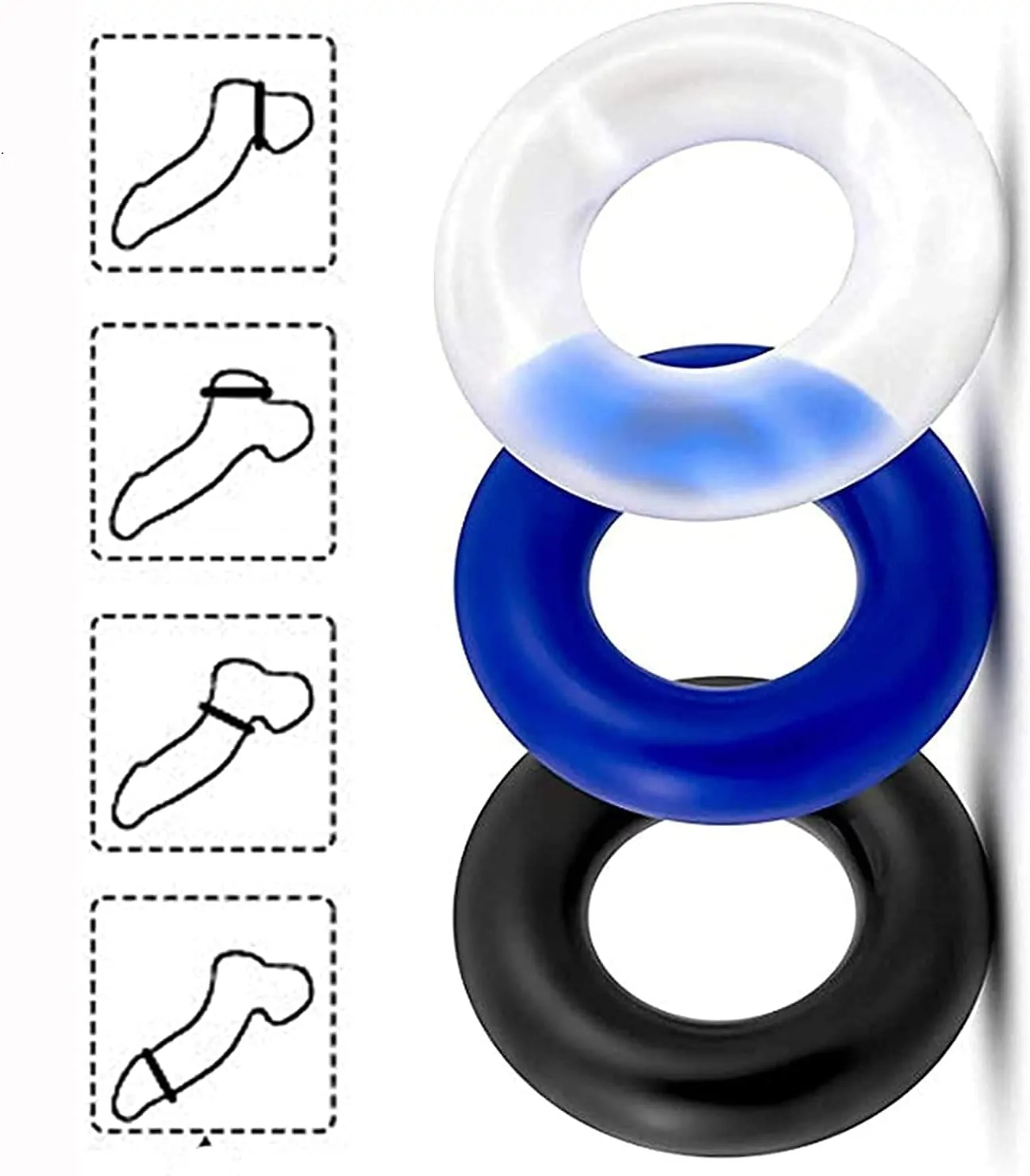 Silikon Penis Halkası Seti – Uzun ve Sert Ereksiyon İçin Esnek TPR Halka, 3'lü Set