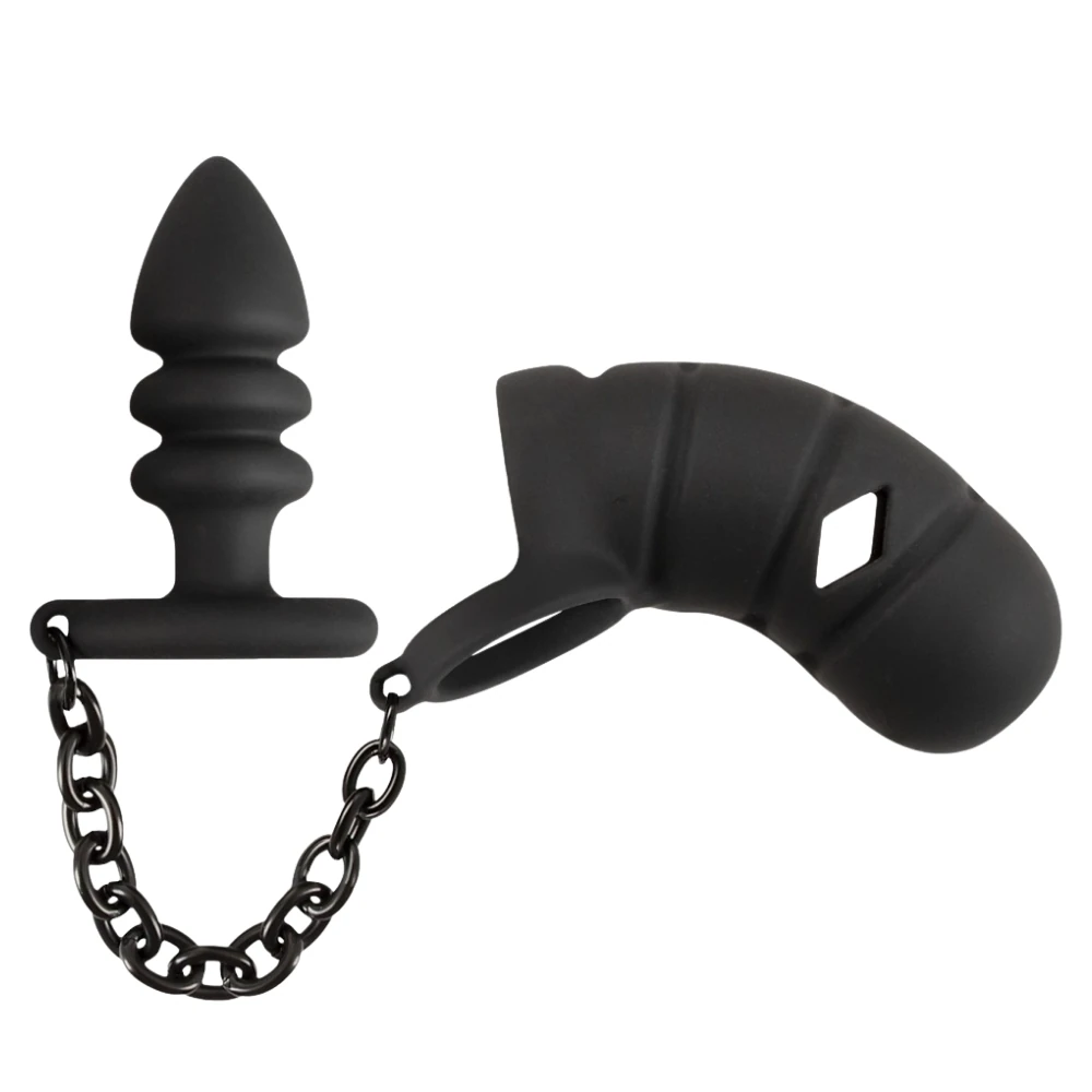 Zincirli Penis Kafesi ve Anal Tıkaç Seti - Cock Cage With Butt Anal Plug image